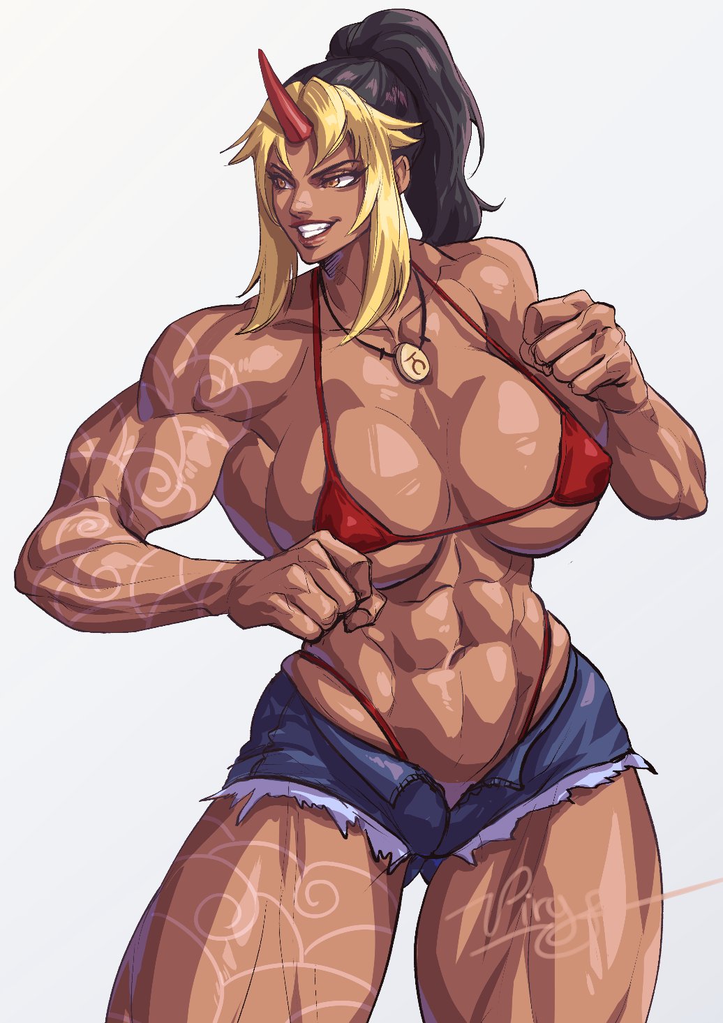 1girls, big breasts, bikini, black hair, blonde highlights, breasts, commission, dark skin, dark-skinned female, female, female only, hi res, horn, long hair, looking away, muscles, muscular, muscular female, muscular thighs, nipple bulge, oni, oni horns, orange eyes, ponytail, pose, shorts, smiling, solo, teeth showing, virgoart1509, white background