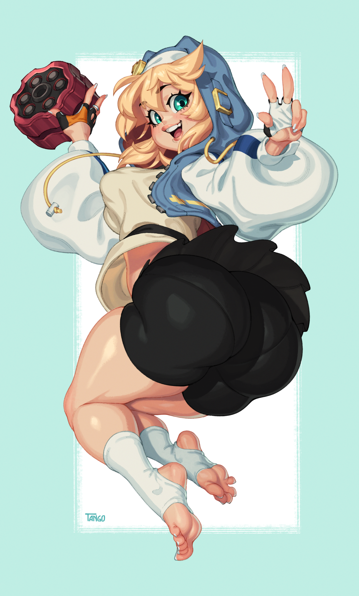 1girls, ass, big ass, bike shorts, blonde hair, blue eyes, bouncing breasts, breasts, bridget, compression shorts, cute, eye contact, feet, female, fully clothed, guilty gear, guilty gear strive, light skin, looking at viewer, medium breasts, open mouth, peace sign, rule 63, shorts, soles, solo, solo focus, spandex shorts, tangobat, thick thighs, thighs, toes, wide hips, yo-yo