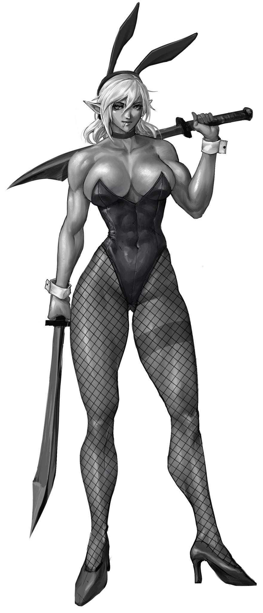 1girls, big breasts, breasts, bunny ears, bunnysuit, choker, commission, elf, elf ears, elf female, female, female only, fishnet pantyhose, full body, heels, hi res, long hair, looking at viewer, monochrome, pantyhose, smiling at viewer, solo, sword, thick thighs, virgoart1509, white background, white hair, wrist cuffs