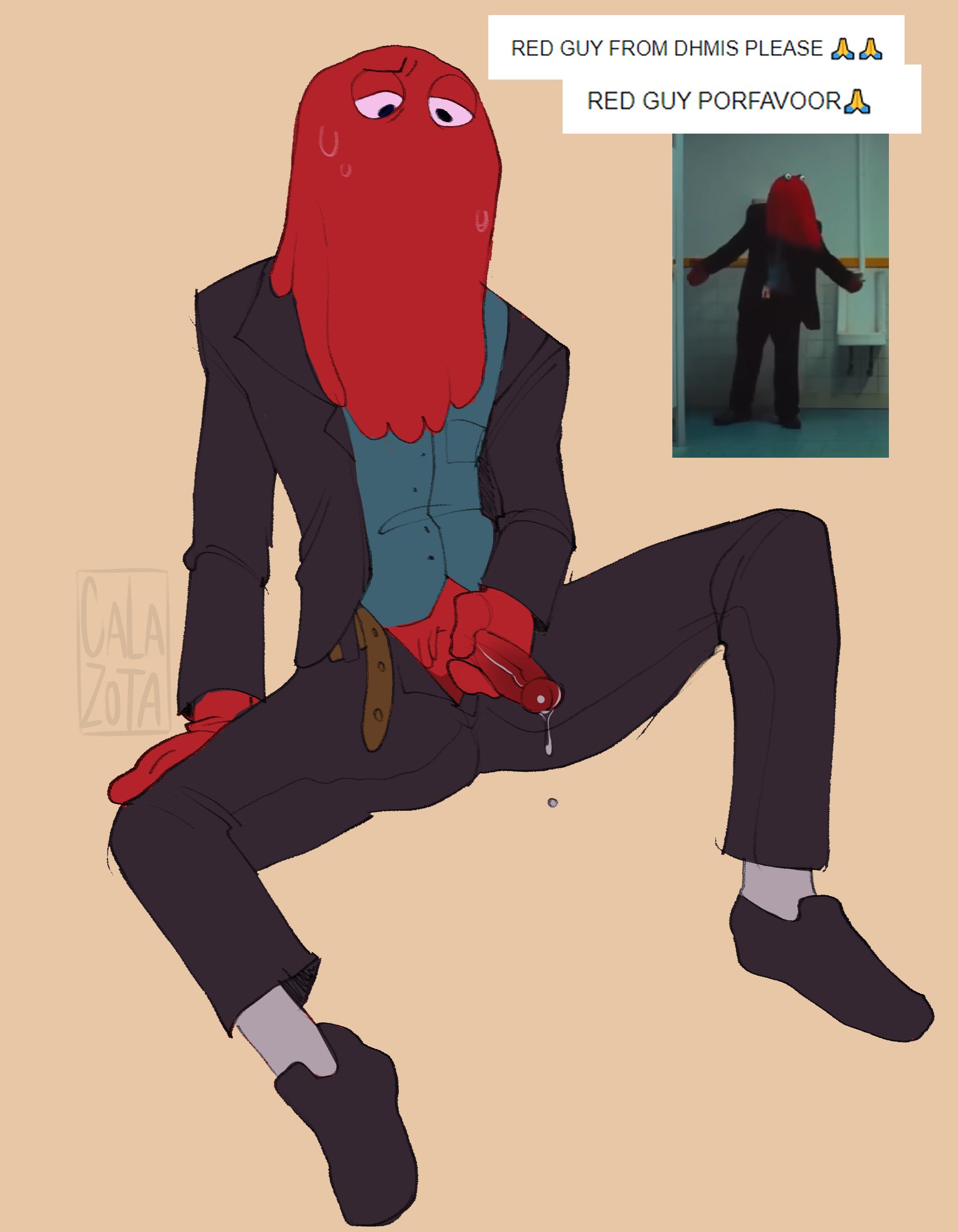 calaziike, calazotauvu, dont hug me im scared, dripping, dripping precum, gay, gay male, male, male only, masturbation, red guy (dhmis), suit, suit and tie, yaoi, zipper down