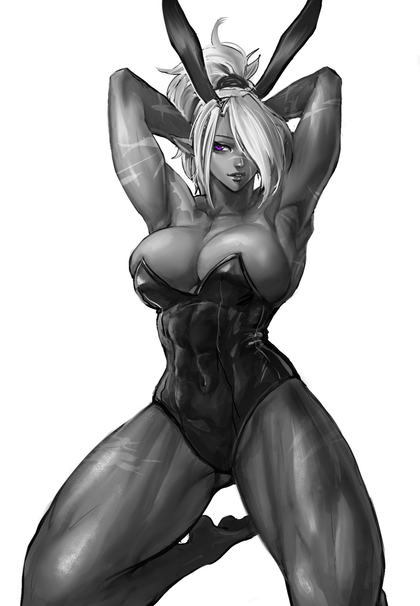 1girls, armpits, arms behind head, big breasts, breasts, bunny ears, bunnysuit, dark elf, dark skin, dark-skinned female, elf, elf ears, elf female, female, female only, hair over one eye, hi res, kneeling, looking at viewer, monochrome, muscular, muscular female, muscular thighs, narrowed eyes, ponytail, purple eyes, scars, solo, virgoart1509, white background