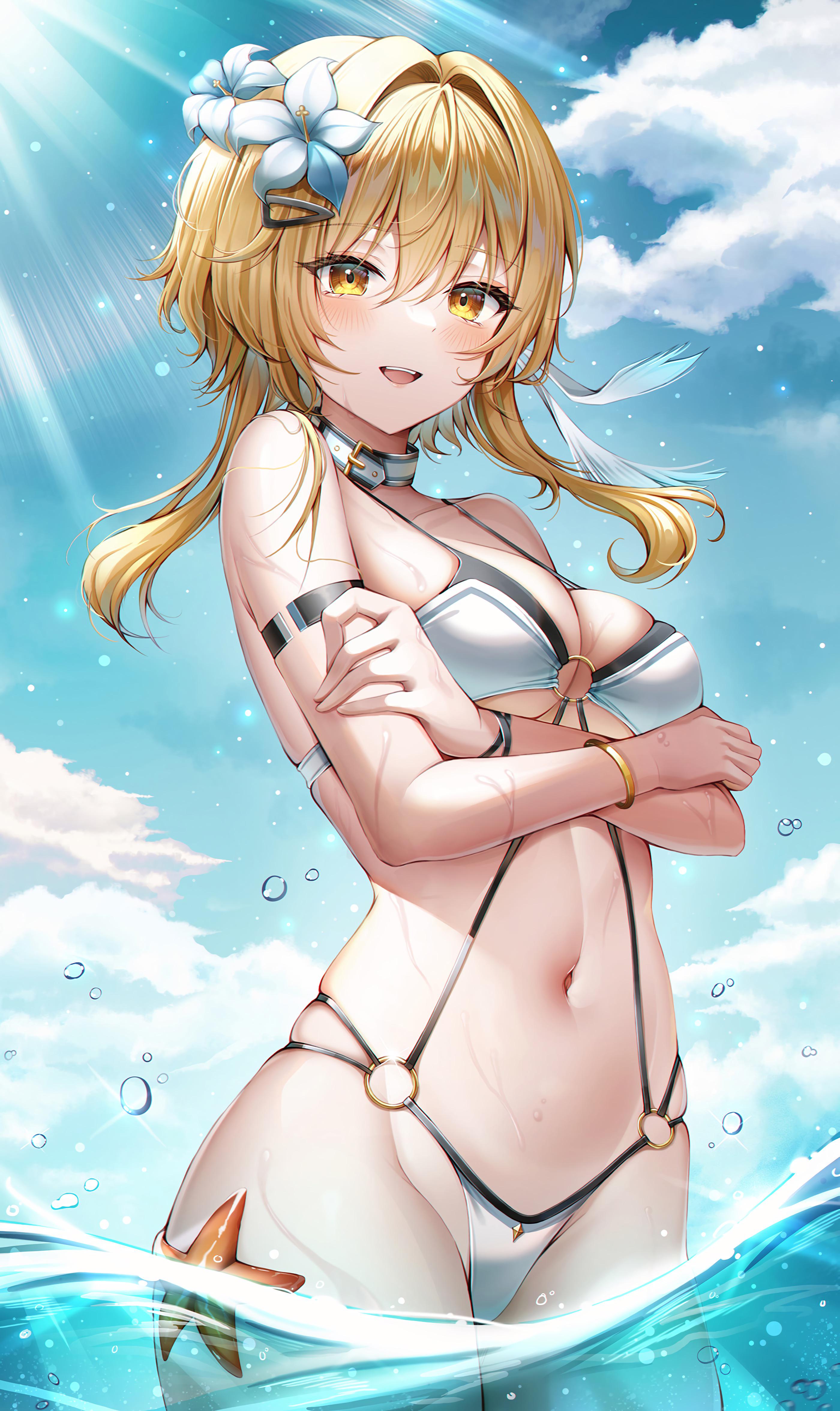 1girls, bikini, blonde hair, blue sky, bracelets, breasts, cleavage, day, female, flower, flower in hair, genshin impact, highres, huge breasts, looking at viewer, lumine (genshin impact), medium hair, navel, solo, standing, starfish, swimsuit, tagme, thighs, upper teeth, wet, yellow eyes