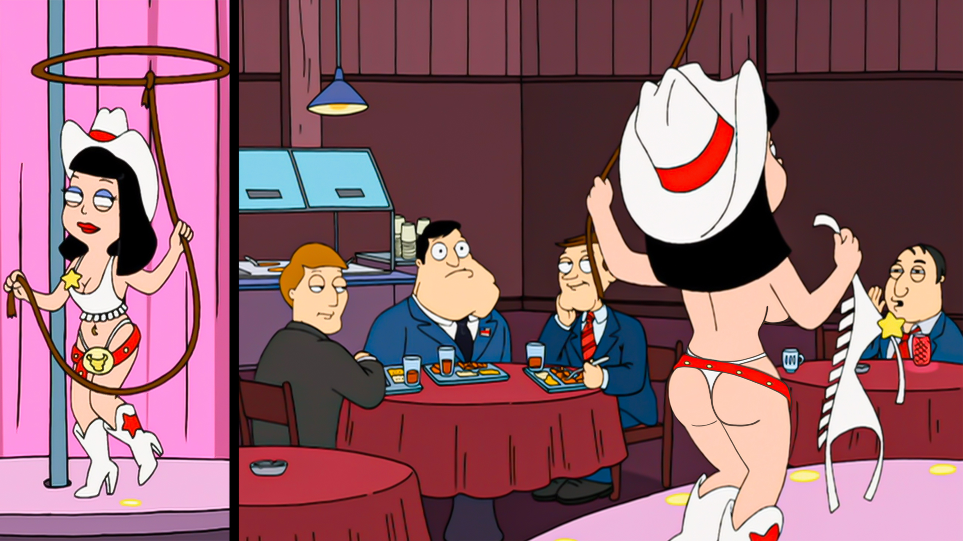 accurate art style, american dad, backboob, breasts, cowgirl, edit, female, g-string, hayley smith, official art, screencap, screenshot, screenshot edit, stan smith, stitched, stripper, stripper pole, stripping, topless