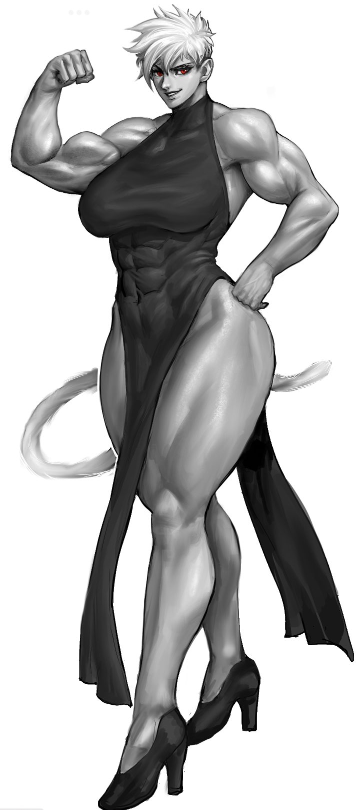 1girls, abs, abs visible through clothing, big breasts, breasts, commission, dragon ball, dress, female, female only, flexing, flexing bicep, full body, hand on hip, heels, hi res, looking at viewer, monochrome, muscles, muscular, muscular female, muscular thighs, red eyes, saiyan, smiling, smiling at viewer, solo, tail, virgoart1509, white background