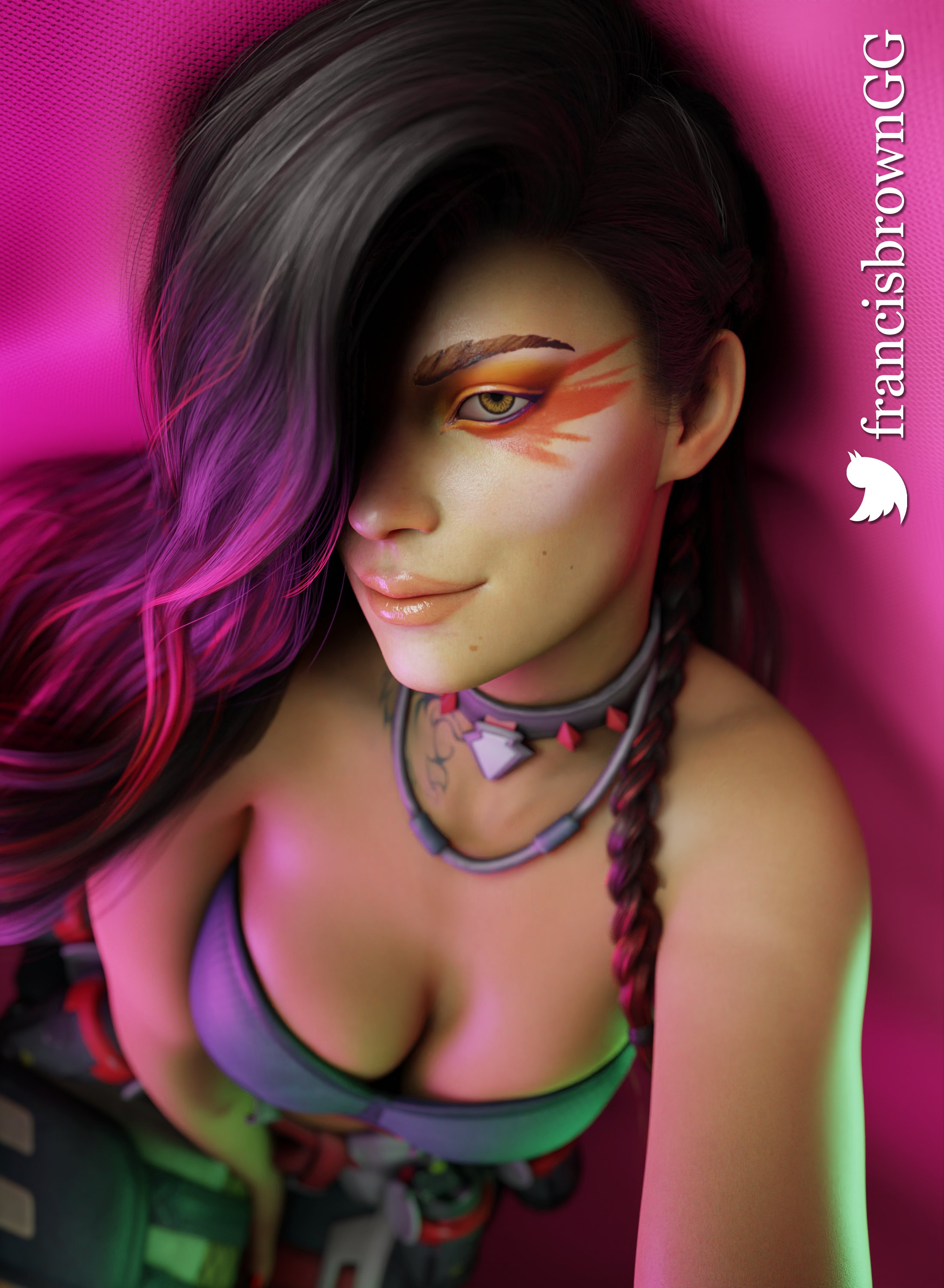 1girls, 3d, apex legends, big breasts, blender, breasts, cleavage, dark skin, dark-skinned female, female, female only, francis brown, latina, loba (apex legends), respawn entertainment, selfie, solo, tattoo, two-tone hair