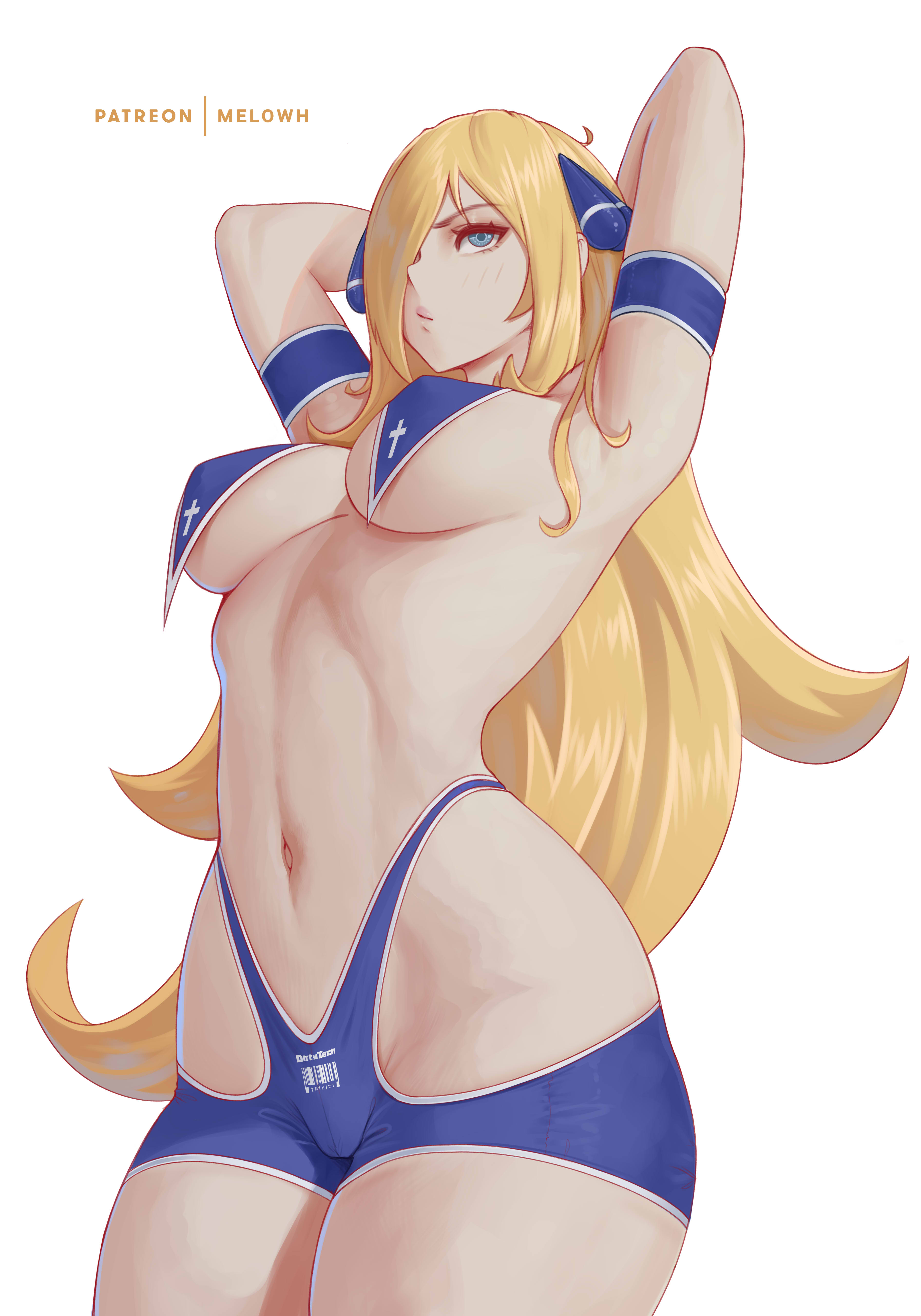 1girls, arms up, blonde hair, breasts, cynthia (pokemon), female, female only, game freak, hi res, hips, huge breasts, light skin, light-skinned female, long hair, melowh, nintendo, pokemon, pokemon dppt, revealing clothes, slim waist, t-back spats, thick thighs, thighs, wide hips