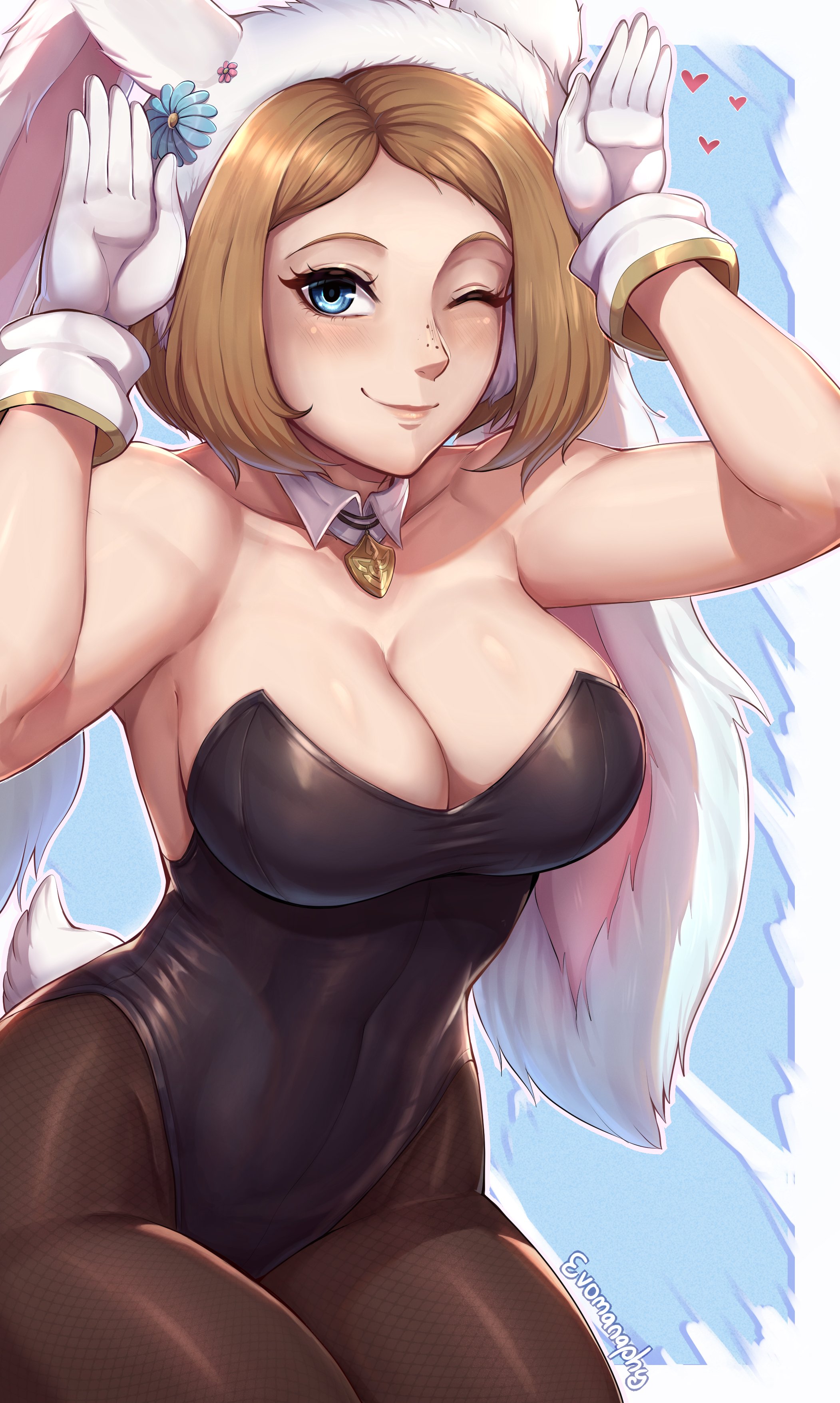 1girls, alternate costume, big breasts, blue eyes, breasts, brown hair, bunny ears, bunny girl, bunnysuit, cleavage, evomanaphy, female, female only, fire emblem, fire emblem heroes, gesture, kiran (fire emblem), kiran (fire emblem) (female), large breasts, looking at viewer, nintendo, one eye closed, smile, solo, wink