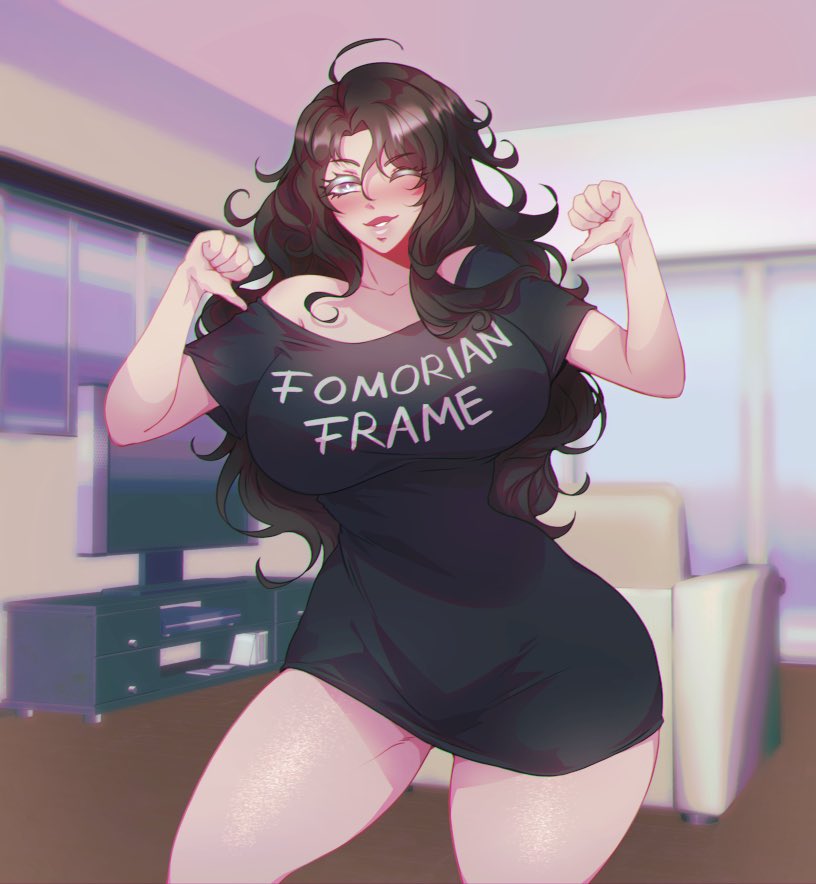 black_hair elyunae hourglass_figure lancer_(rpg) large_breasts long_hair looking_at_viewer no_pants oversized_shirt pale_skin raven-1_(sloppyoptics) shirt_only smile smiling_at_viewer thick_thighs