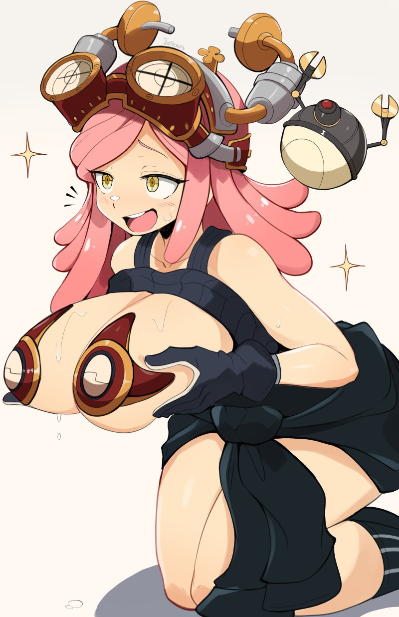 1girls, big breasts, breasts, female, female only, gloves, grabbing own breast, jellcaps, light skin, long hair, mei hatsume, my hero academia, pink hair, pink-haired female, solo, thick thighs, thighs, yellow eyes