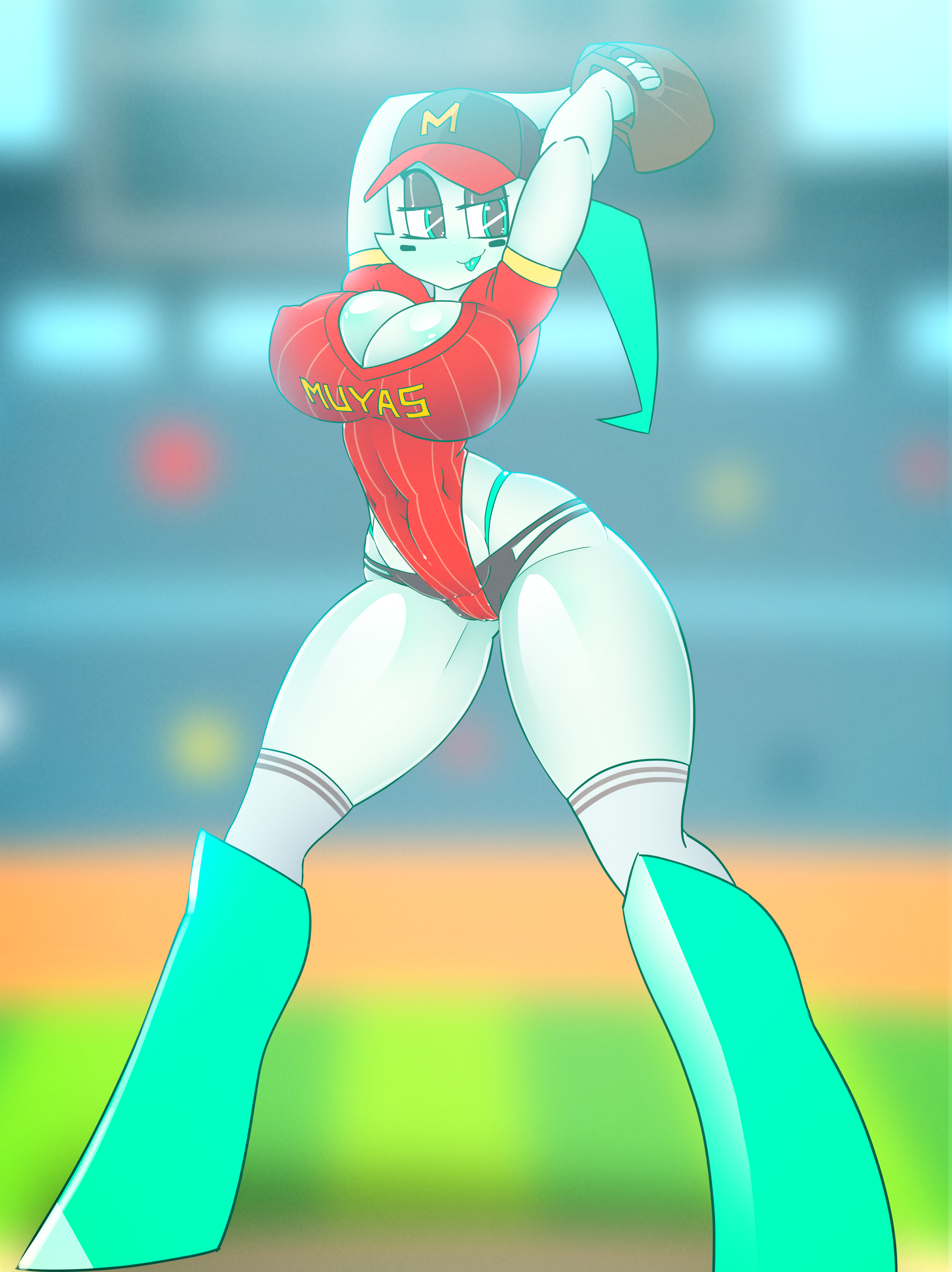 armpits, athletic, athletic female, baseball, baseball uniform, big breasts, breasts, busty, curvaceous, curves, curvy, curvy body, curvy female, curvy figure, female, green eyes, highleg leotard, huge breasts, jenny wakeman, leotard, lonlon, my life as a teenage robot, nickelodeon, pussy, robot, robot girl, robot humanoid, sports bra, sportswear, tattoo, thick thighs, thighs, vagina, white body, xj-9