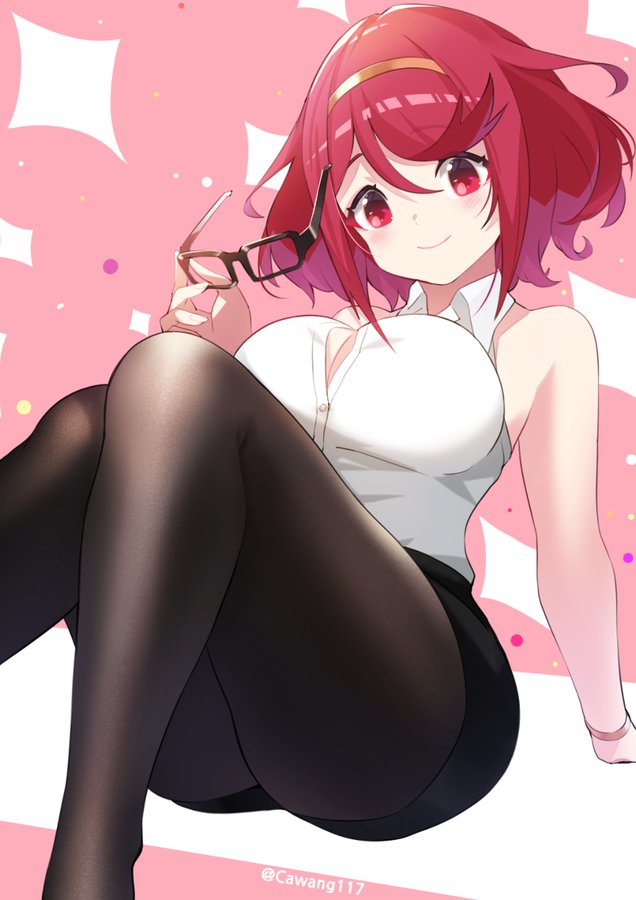 1girls, big breasts, breasts, female, glasses, nintendo, pantyhose, pyra, red eyes, red hair, short hair, t-shirt, xenoblade (series), xenoblade chronicles 2