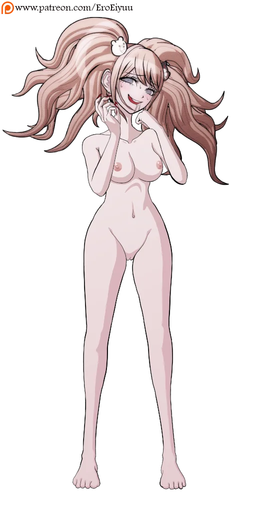 artist_name bare_arms bare_legs bare_shoulders bare_stomach barefoot bear_hair_ornament blonde_hair blue_eyes blush completely_nude danganronpa danganronpa:_trigger_happy_havoc danganronpa_(series) drooling eroeiyuu feet female female_focus fingernails hair_ornament hands_up junko_enoshima long_hair looking_at_viewer navel nipples nude nude_filter official_art open_mouth patreon_username pussy red_nails signature simple_background solo sweat sweatdrop teeth third-party_edit toes transparent_background twintails upper_teeth_only