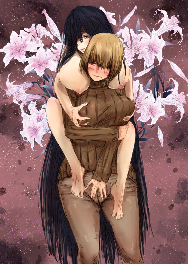 2021 2girls big_breasts black_hair blush breasts cameltoe character_request female female_only flowers groping groping_breasts groping_crotch groping_from_behind huge_breasts juju_(artist) jujuron jujutsu_kaisen jujutsu_kaisen_0 lily_(flower) long_hair nipples_visible_through_clothing ribbed_sweater saito's_daughter sweater turtleneck very_long_hair yuri