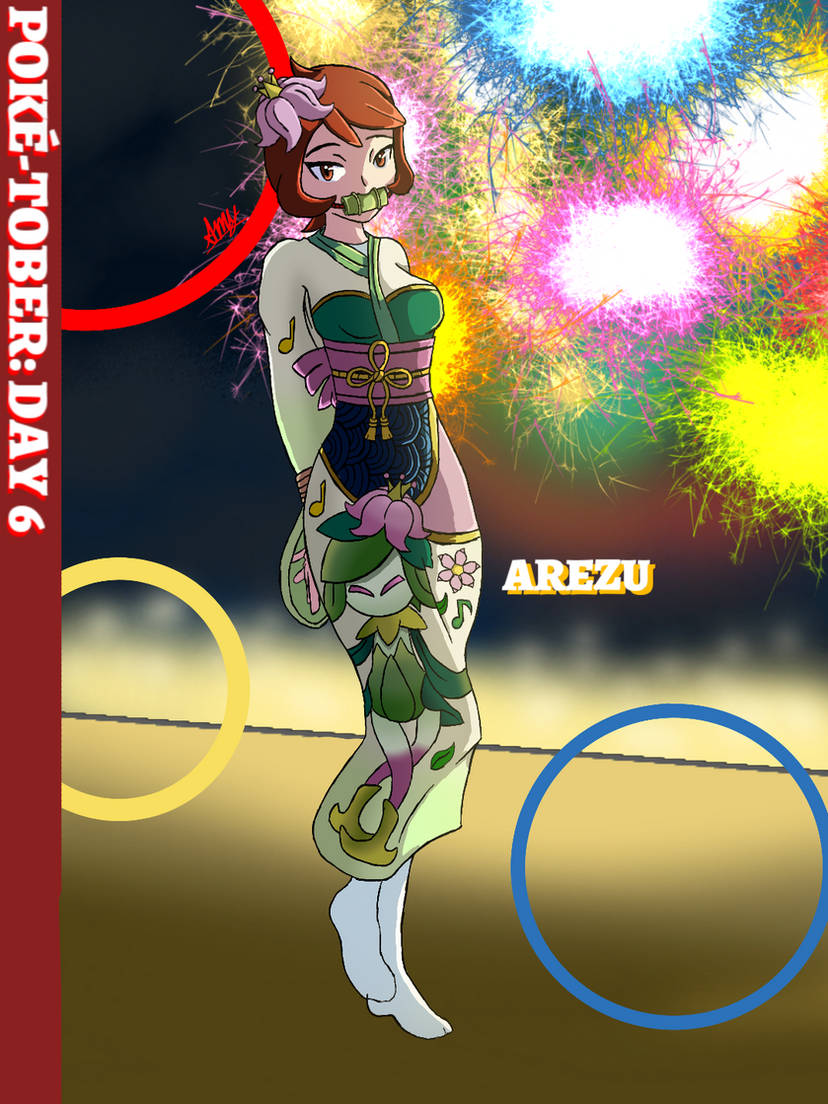 1girls amy4105 arezu_(pokemon) arms_tied_behind_back bit_gag bondage breasts gag gagged green_kimono hair_flower hisuian_lilligant kimono looking_at_viewer medium_breasts nintendo pokemon pokemon_legends:_arceus red_eyes red_hair rope rope_bondage short_hair socks