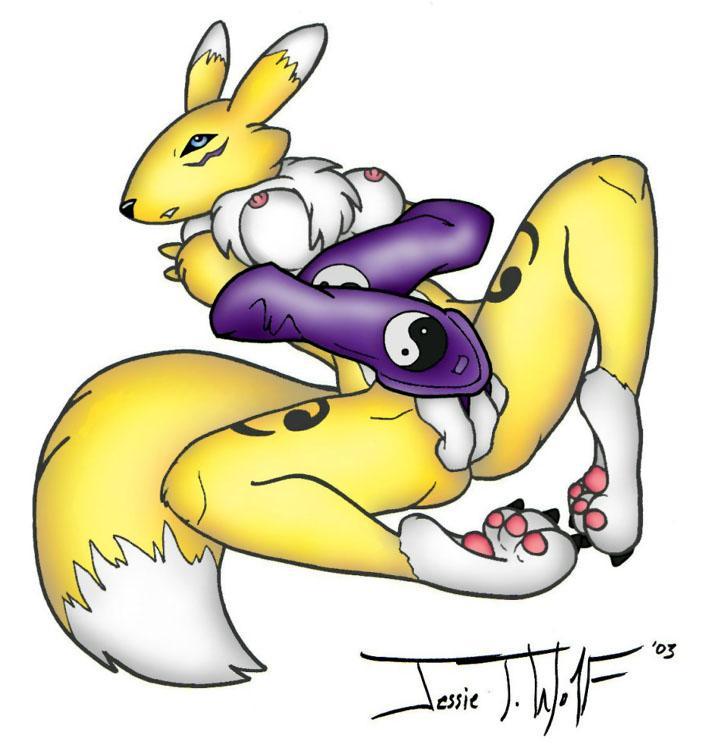 2003 anthro blue_eyes breasts canine chest_tuft covering_self digimon elbow_gloves female fox fur furry jessie_t_wolf on_back renamon solo tail yellow