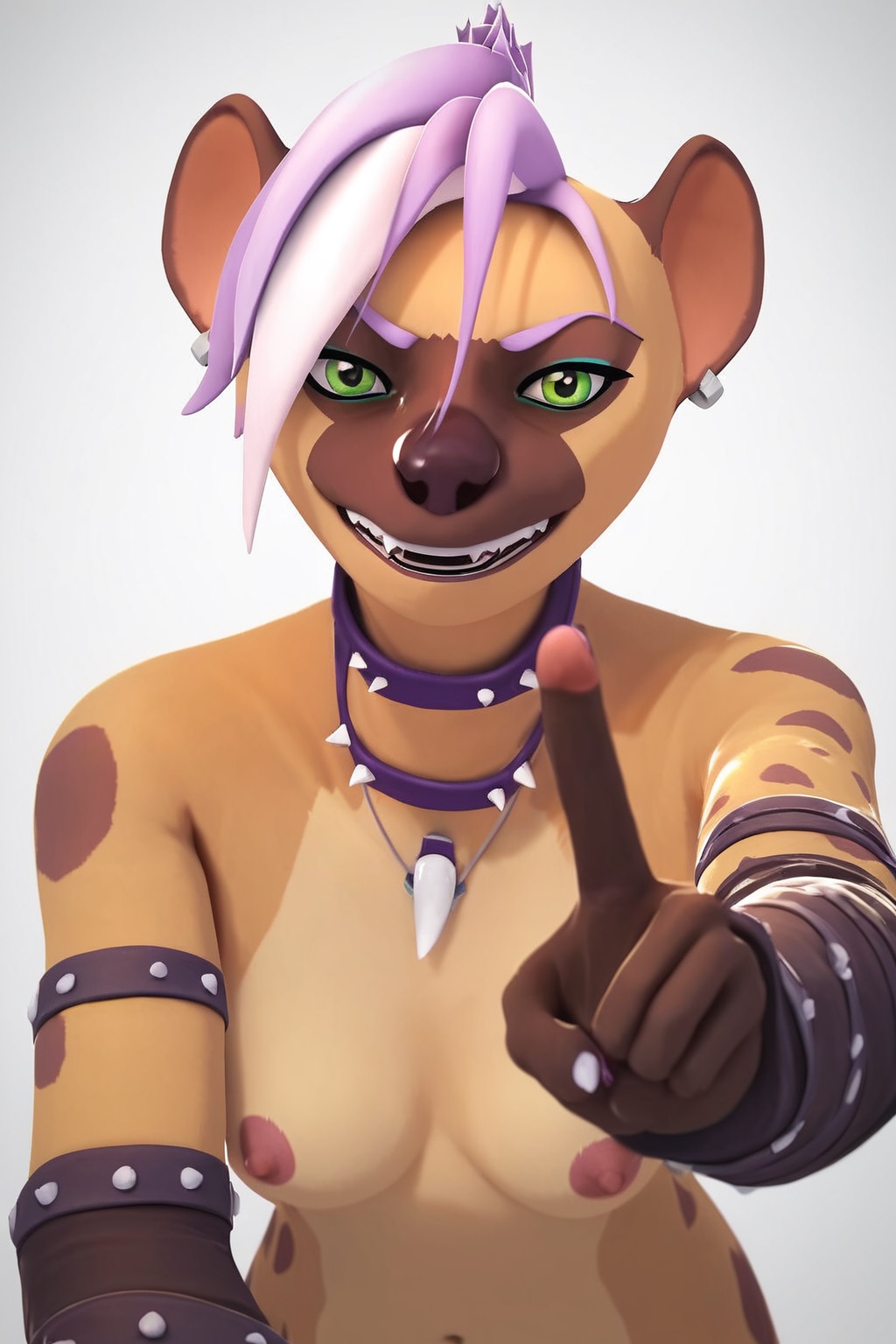 1girls 2024 2024s ai_generated anthro areola areolae armwear belly_button blue_eyeshadow breasts canid canine canis ear_piercing ear_ring earrings female female_focus female_only furry furry_female gloves glue_studios green_eyes hair hexagon hyena hyenid hyenid_(species) leaning leaning_forward looking_at_another looking_at_viewer mammal naval nipples pierced_ears piercing piercings pink_hair pony_diffusion_(model) pony_diffusion_xl pov rhenas rimba_racer smile smiling spotted_hyena stable_diffusion standing vyxx_(rimba_racer) white_background