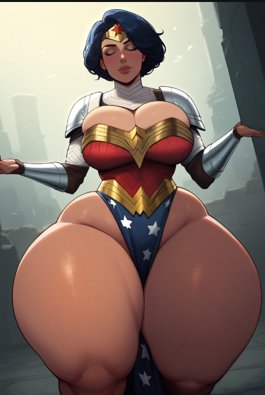 ai_generated alternate_body_type alternate_thigh_size armour big_ass big_breasts chubby_hips closed_eyes dc_comics gigantic_ass gigantic_thighs hyper_thighs niduscharger short_hair thick_thighs wide_hips wonder_woman_(series)