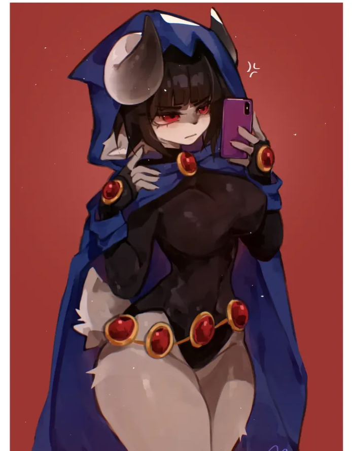 1girls caprine dc female female_only furry furry_female hood_up phone phone_camera raven_(cosplay) raven_(dc) reapus_x selfie solo teen_titans thick_thighs