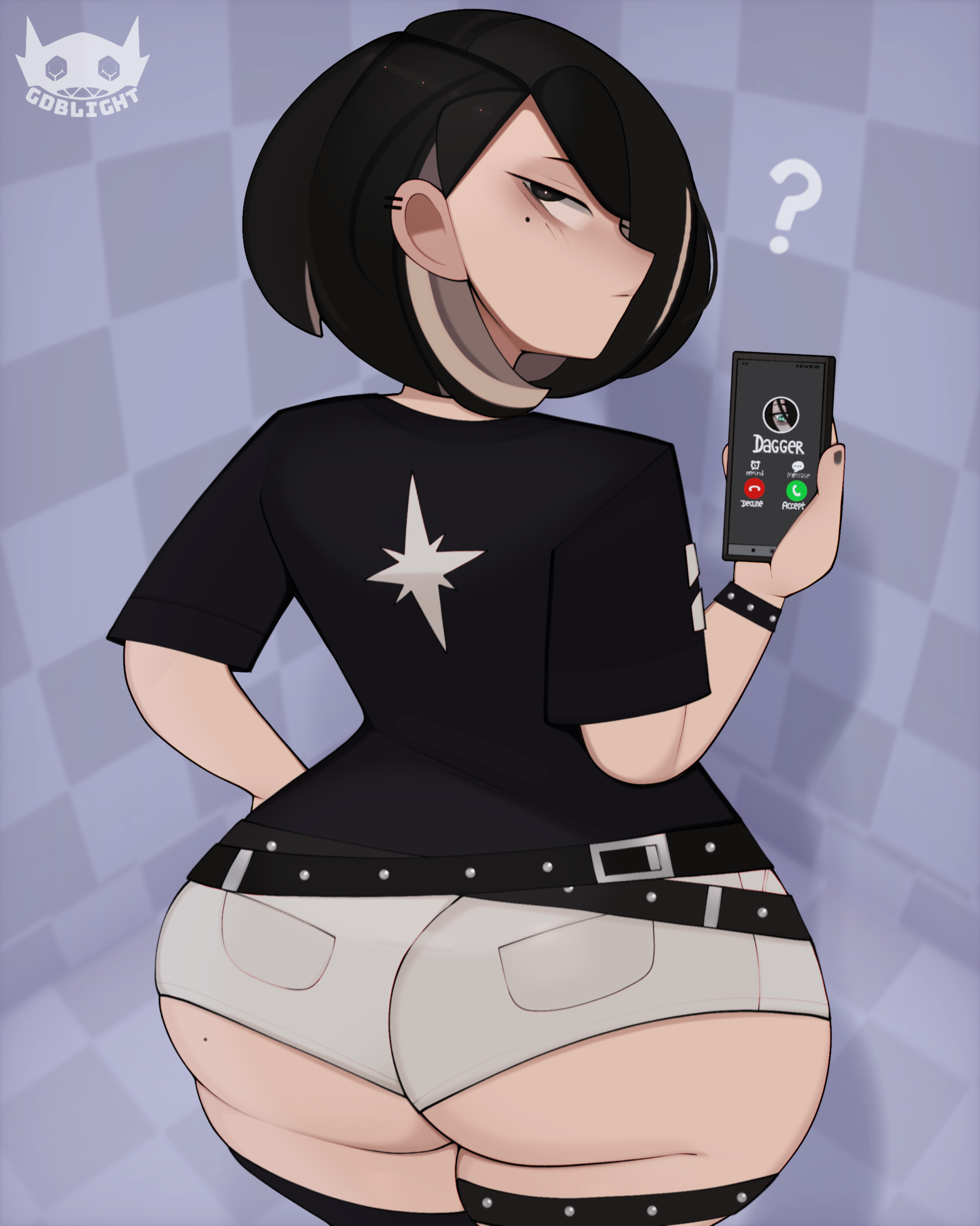 ?, alternate version available, ass, ass focus, black hair, blight (gdblight), clothed, dyed hair, female, gdblight, large ass, light skin, light-skinned female, looking at viewer, looking back, mole under eye, original, pale skin, pale-skinned female, phone, phone call, raffle prize, short hair, shorts, smaller female, solo, studded belt, studded bracelet