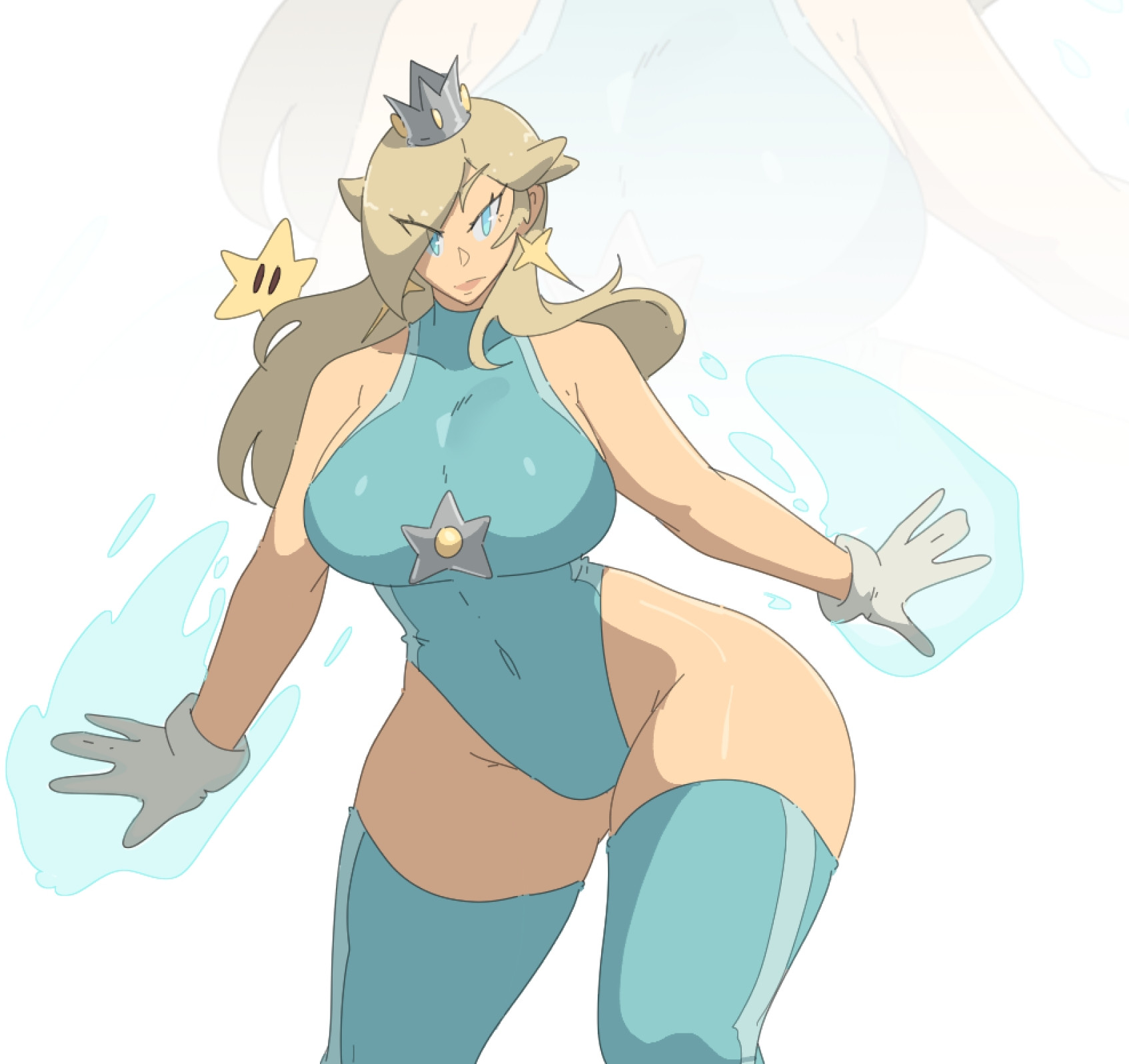 1girls, big breasts, blonde hair, blue eyes, breasts, busty, crown, curvy, earrings, female, gloves, hips, leedraw11, leotard, light skin, light-skinned female, luma, mario (series), nintendo, princess rosalina, thick thighs, thighhighs, thighs
