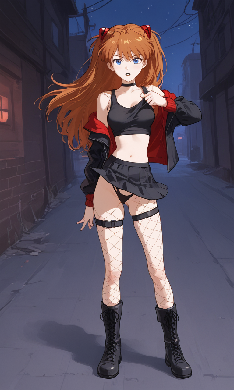 ai_generated asuka_langley_sohryu blue_eyes boots choker fishnets goth goth_girl jacket jacket_open lipstick midriff miniskirt navel neon_genesis_evangelion open_clothes pale_skin petite red_hair skinny tank_top thong