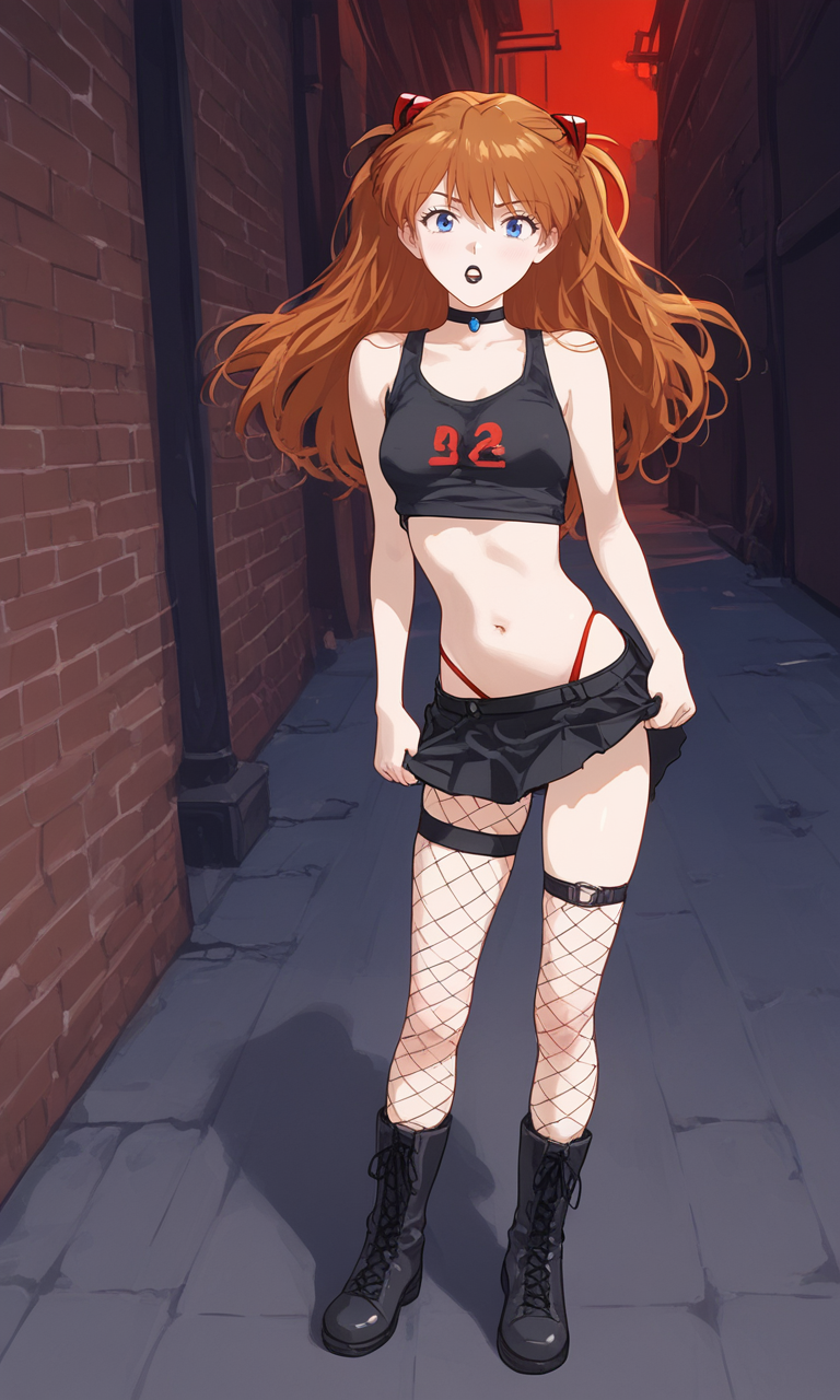 ai_generated asuka_langley_sohryu blue_eyes boots choker fishnets goth goth_girl lipstick midriff miniskirt navel neon_genesis_evangelion pale_skin petite red_hair skinny tank_top thong