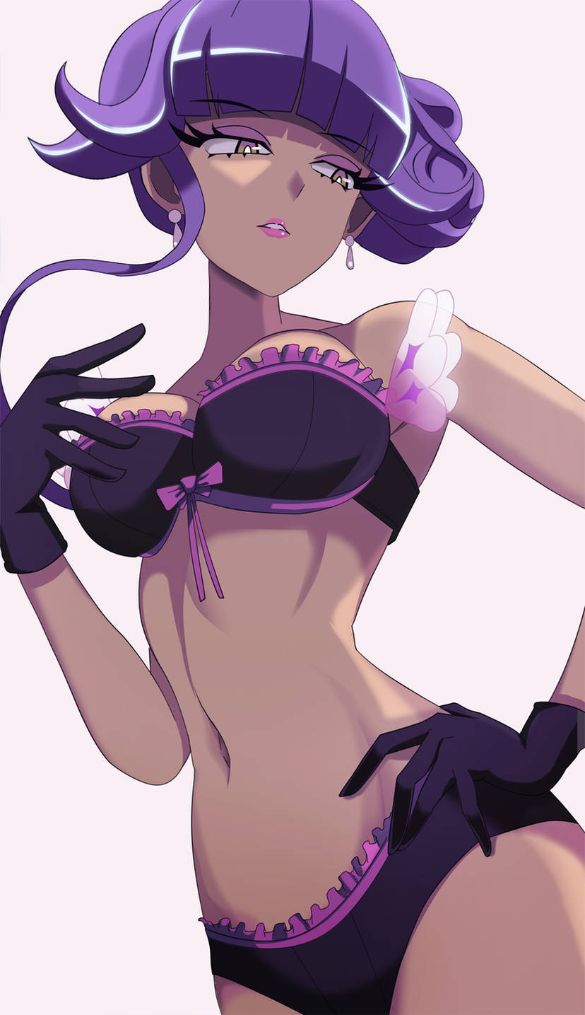 1girls bra breasts brown_eyes earrings eyeshadow gloves hand_on_hip lingerie lipstick makeup medium_breasts midriff navel nintendo panties pokemon pokemon_sv purple_bra purple_hair purple_lingerie purple_panties short_hair tulip_(pokemon) vivivoovoo