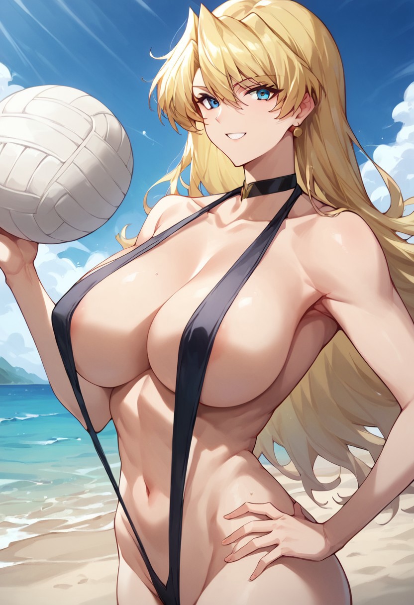 ai_generated beach blonde_hair blue_eyes civitai earrings large_breasts looking_at_viewer sara_scorpion slingshot_bikini smile space_pirate_sara uchuu_kaizoku_sara volleyball