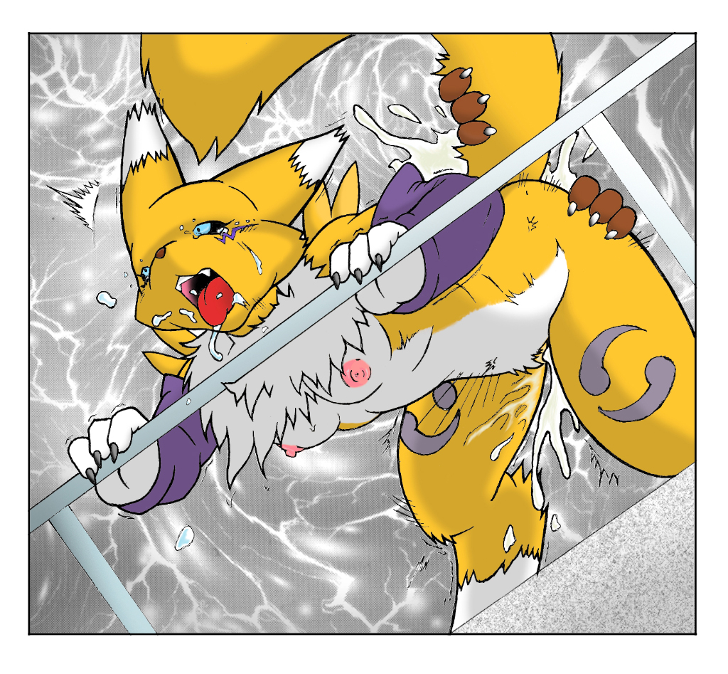 all_fours anthro blue_eyes breasts canine chest_tuft claws cum digimon dk_luis elbow_gloves face_markings female fox from_behind fur furry holding_tail male markings raised_tail renamon saliva straight tail tear yellow