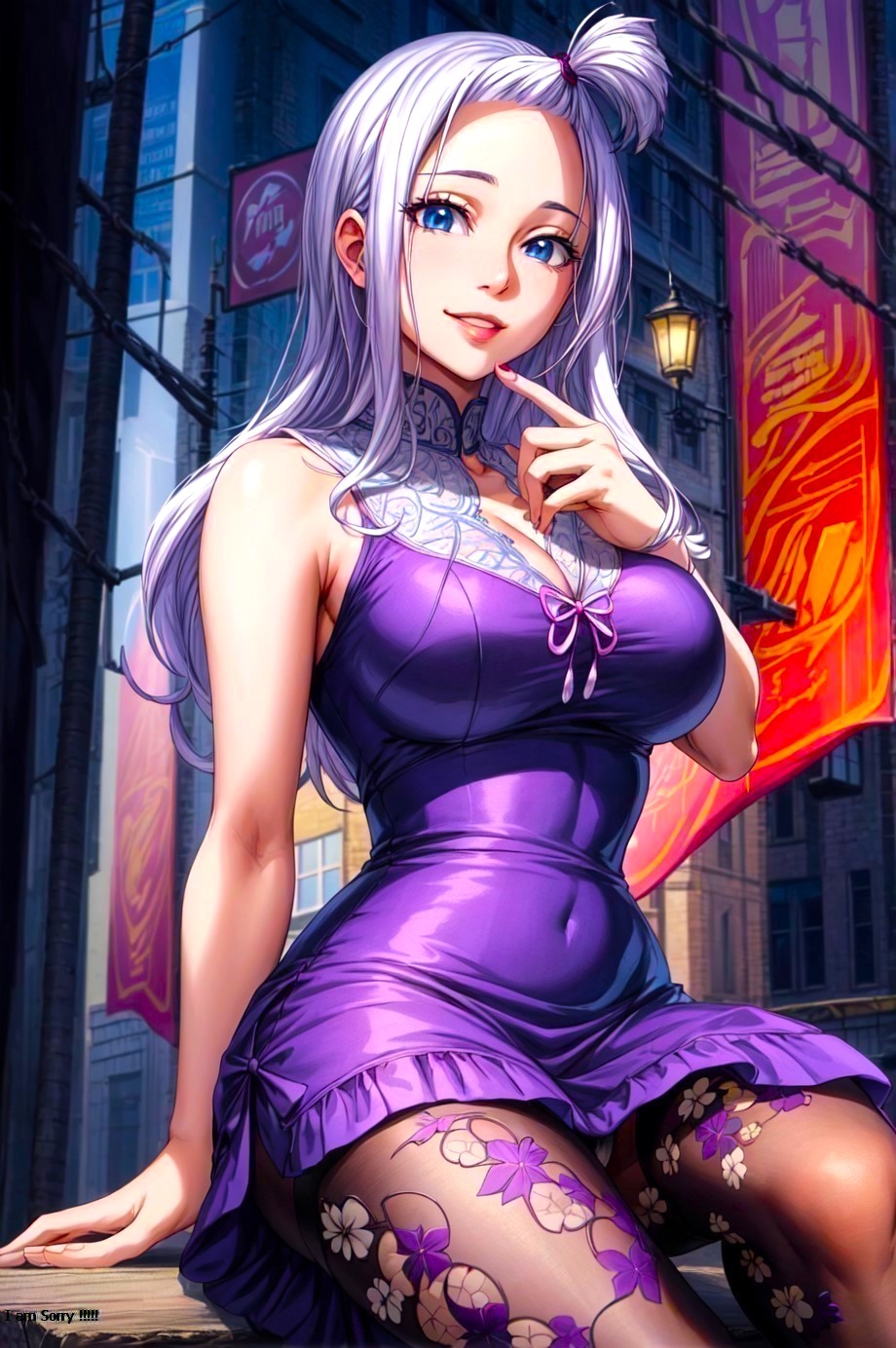 1girls ai_generated anime anime_girl babe belly_button blue_eyes busty_female celebrity city clothed_breasts curvy dress fairy_tail female_focus floral_print hair_tie lamp large_breasts looking_at_viewer mirajane_strauss model naughty_face navel_visible_through_clothes night pantyhose purple_dress sexy sitting_down smile stable_diffusion toongenai white_flower white_hair wire wires witch wood