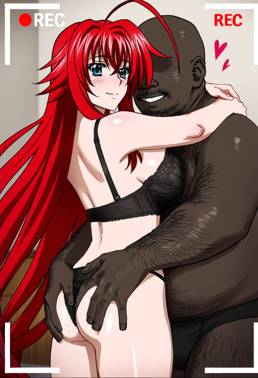 1boy 1boy1girl 1girl ai_generated ass ass_grab black_bra black_panties bra cheating cheating_girlfriend dark-skinned_male faceless_male fat_man female hairy_male high_school_dxd hug interracial large_breasts looking_at_viewer looking_back netorare panties recording rias_gremory straight waroffree