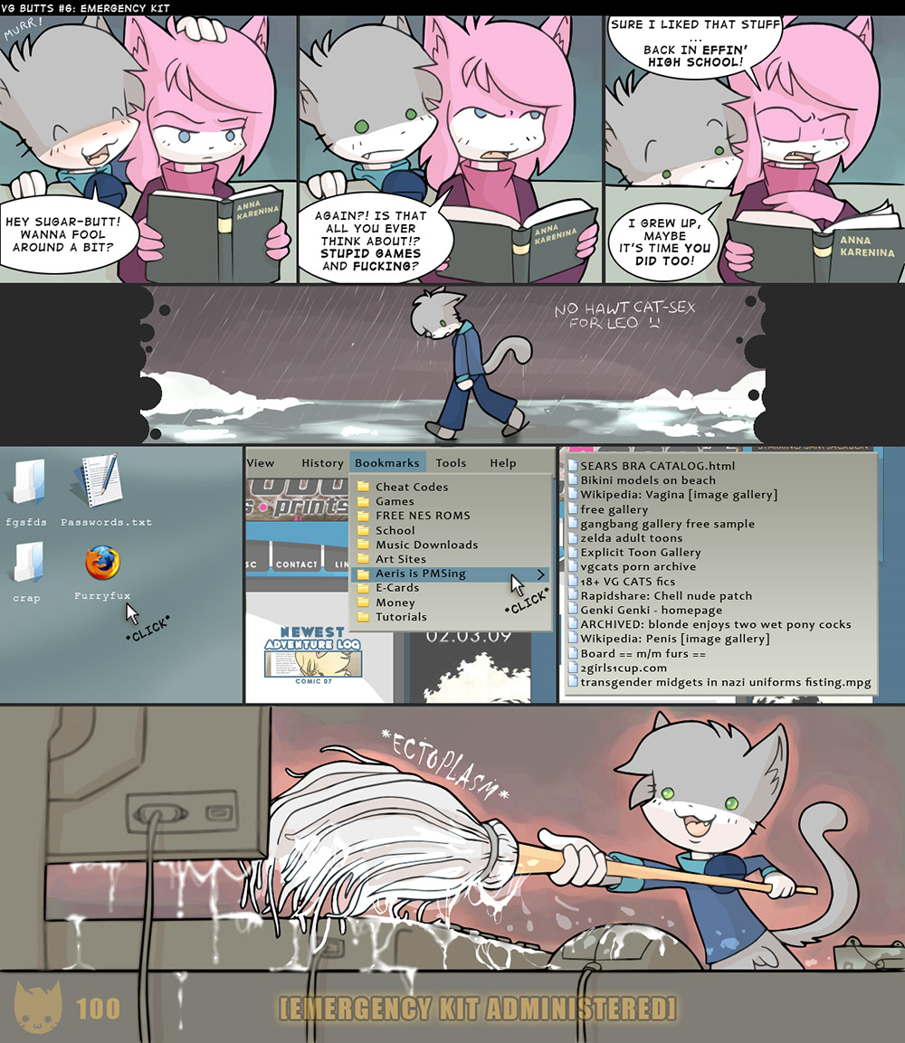 :( aeris_(vg_cats) blue_eyes blush book comic cum cum_everywhere ectoplasm english_text feline female green_eyes grey humor leo_(vg_cats) orangebox pink pink_hair vg_cats vgbutts