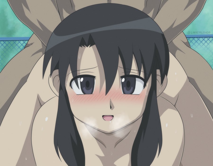 asian azumanga_daiou black_eyes black_hair breasts doggy_style edit enjoying faceless_male naked naked_female nyamo_minamo_kurosawa on_model please_look_forward_to_it sex steam sweatdrop