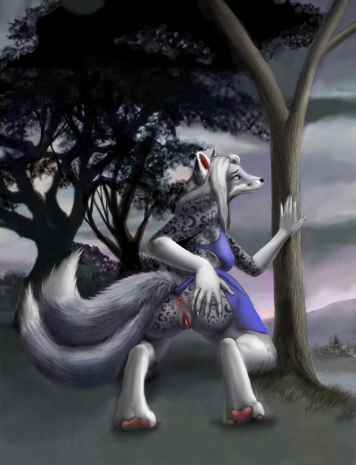 anthro anus arokha ass bottomless canine digitigrade exposed fat_jaguar_(artist) female fur furry grey inviting kneeling loincloth multiple_tails outside presenting pussy raised_tail silverone skimpy solo spots tail tree underwear upskirt white_fur white_hair