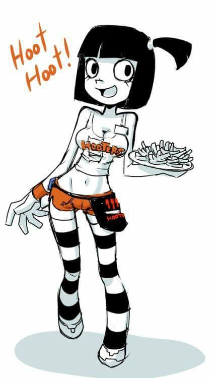 black_and_white_socks black_bag black_eyes black_hair cute dish female happy_face happy_female hooters hooters_uniform orange_panties orange_pants ponytail short_hair small_breasts unknown_artist white_shoes white_skin white_topwear