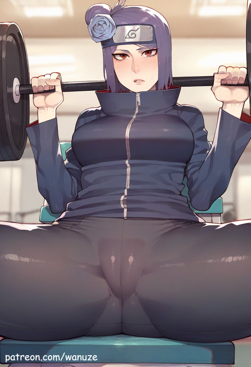 ai_generated big_ass big_breasts big_butt big_thighs blush gym gym_uniform huge_ass huge_breasts huge_butt huge_thighs konan naruto naruto_(series) purple_eyes purple_hair sports_bra sportswear wanuze wide_hips