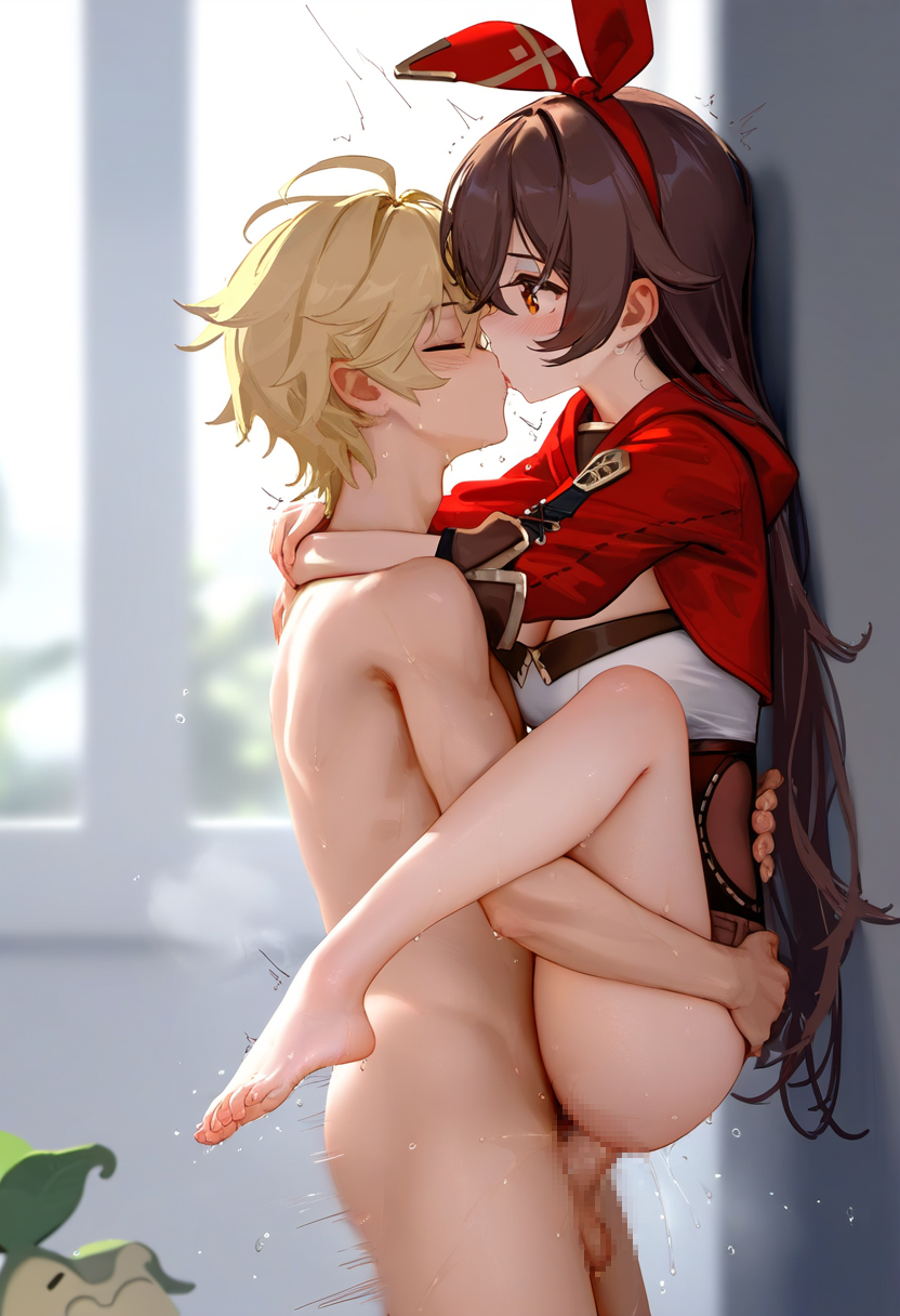 1boy 1girls aether_(genshin_impact) ai_generated amber_(genshin_impact) horny_female long_hair mihoyo pleasure_face sex straight