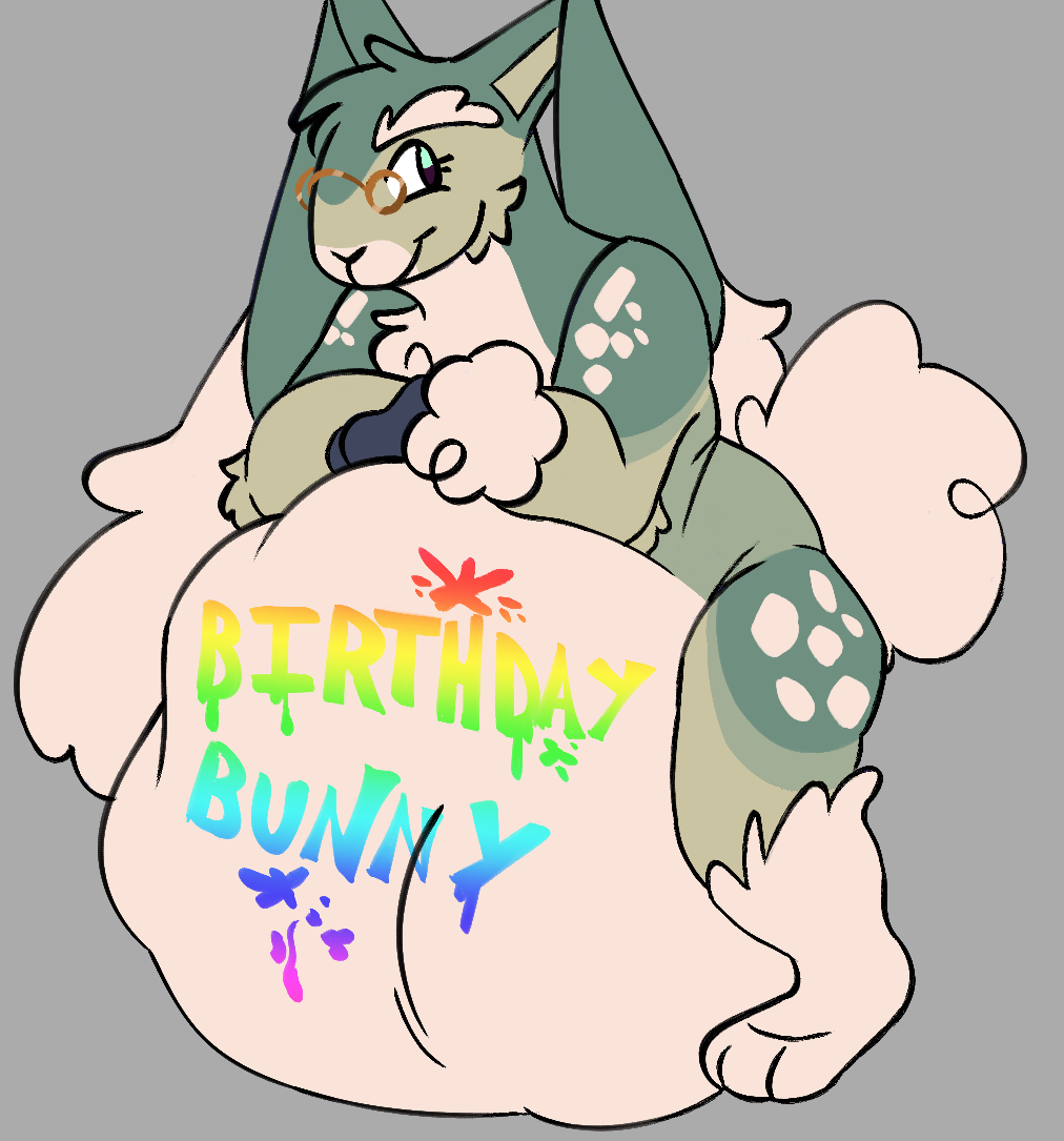 ambiguous_gender birthday fluffy fluffy_tail generation_4_pokemon green_body itzwooloo lopunny messy_paint nintendo olive_(itzwooloo) paint pokemon pokemon_(species) solo stomach_bulge tail vore