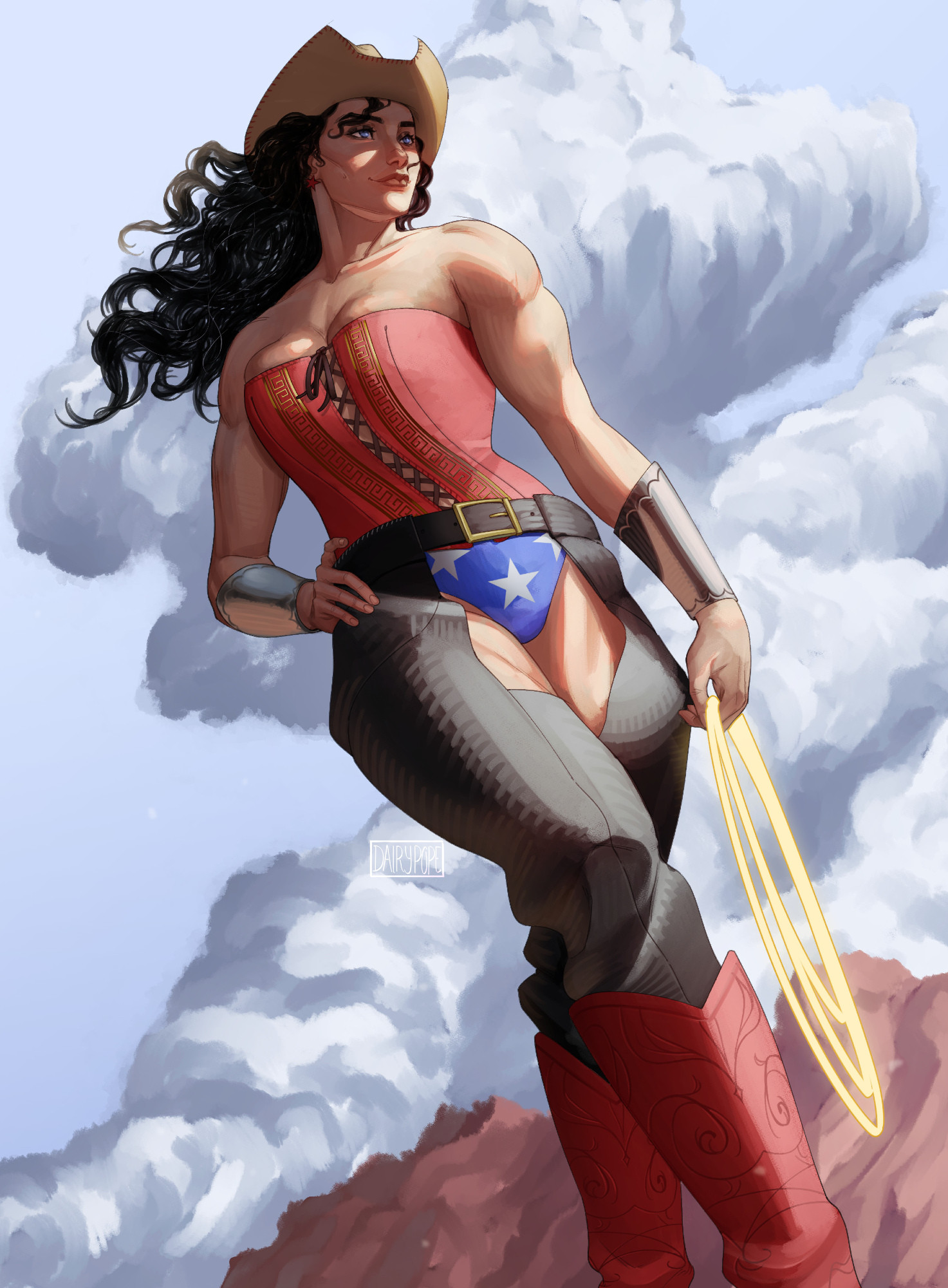 1girls, alternate version at source, artist signature, assless chaps, black hair, blue eyes, bracelets, chaps, clouds, cowboy boots, cowboy hat, cowgirl, cowgirl outfit, dc, dc comics, diana of themyscira, diana prince, female, lasso, lasso of truth, light skin, light-skinned female, muscular, muscular female, pope of dairy, superheroine, wonder woman, wonder woman (series)
