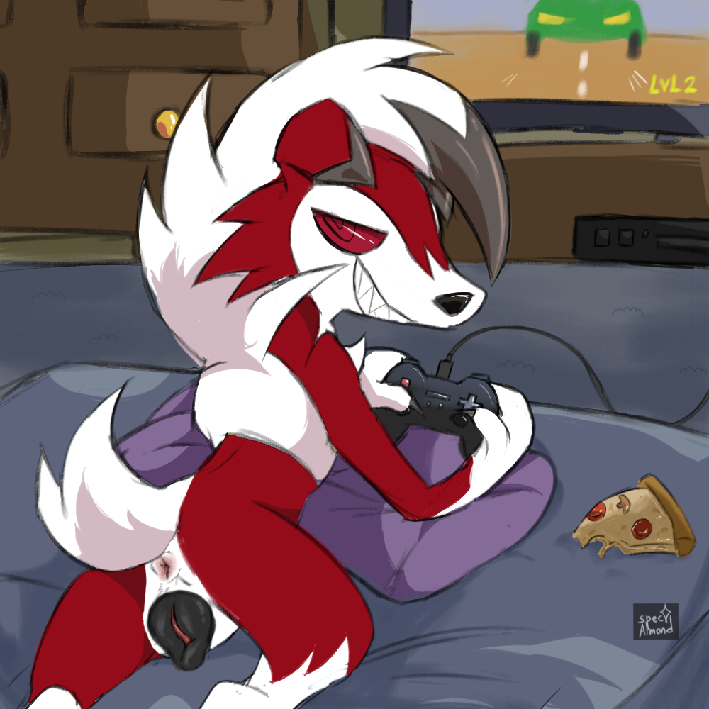 animal_genitalia animal_pussy anthro anus ass bed bedroom canid canine canine_genitalia canine_pussy controller dresser electronics female floppy_ears fluffy fluffy_tail food fur furniture game_console game_controller gaming generation_7_pokemon genitals looking_at_viewer looking_back looking_back_at_viewer lycanroc lying lying_on_bed mammal midnight_lycanroc nintendo on_bed on_front pillow pizza pizza_slice playing_video_game pokemon pokemon_(species) pussy short_tail smile solo spec_almond_(artist) tail television