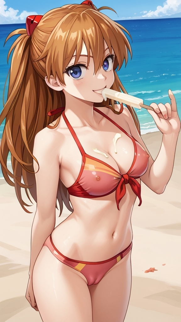 ai_generated asuka_langley_sohryu beach bikini cameltoe haremofash popsicle_melting