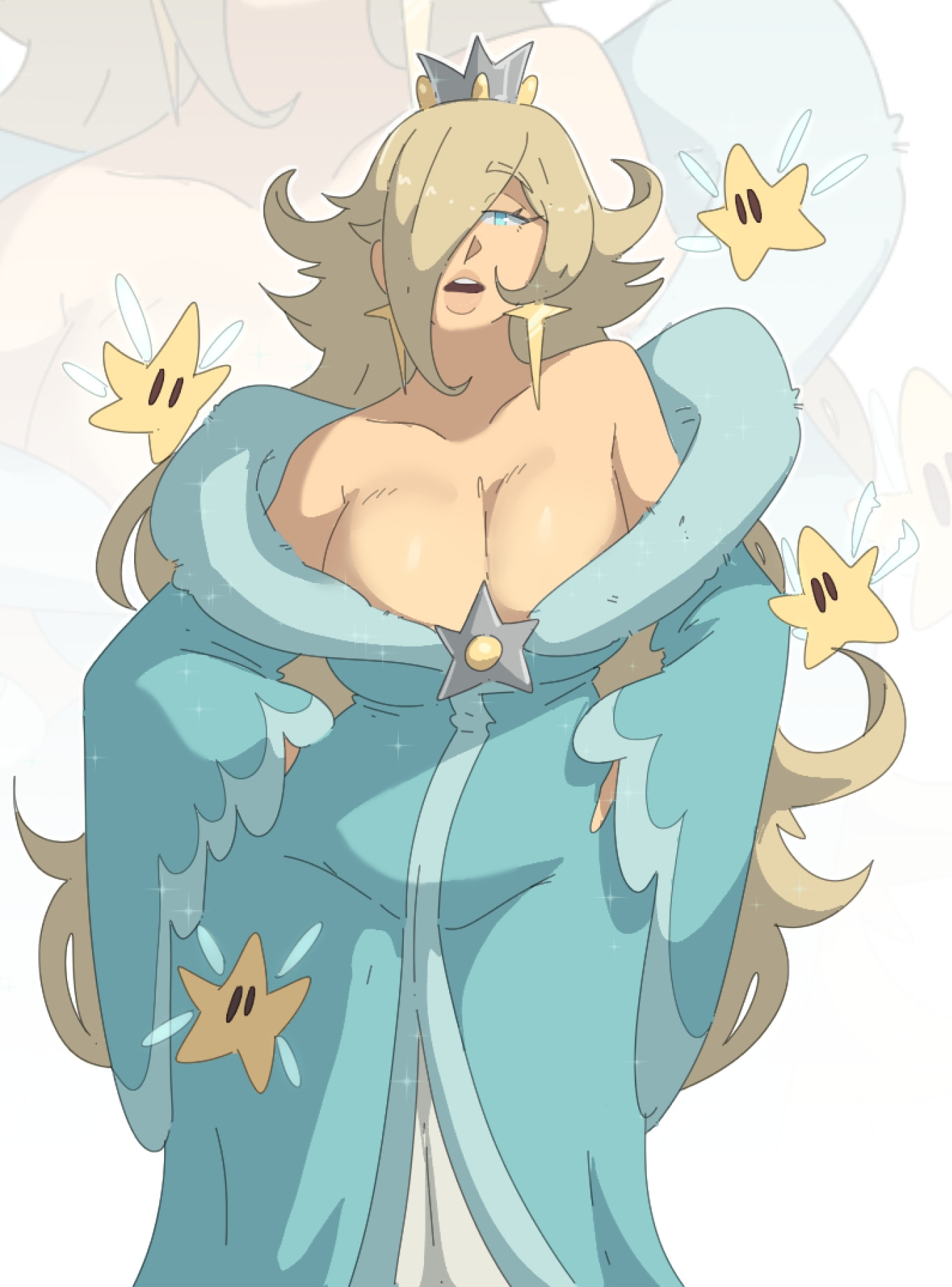 1girls, bare shoulders, big breasts, blonde hair, blue eyes, breasts, busty, cleavage, crown, curvy, earrings, female, leedraw11, light skin, light-skinned female, luma, mario (series), nintendo, princess rosalina