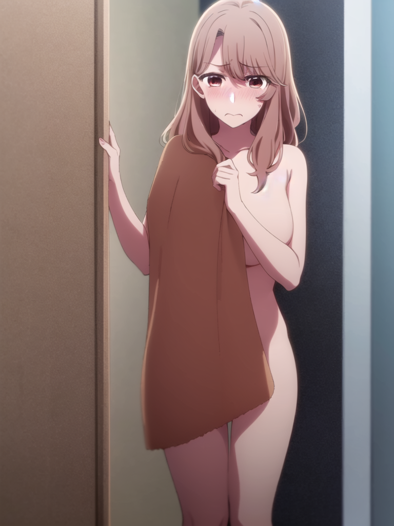 ai_generated covering_self embarrassed saitou_miyako towel towel_only