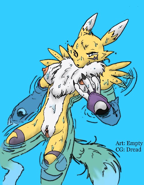 anthro breast_fondling breasts canine chest_tuft claws collaboration digimon dread dripping elbow_gloves empty_(artist) face_markings female fondling fox fur furry gloves one_closed_eye pool pussy renamon solo tail water wet