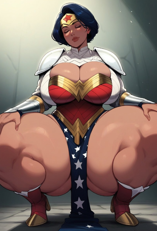 ai_generated armour ass_bigger_than_head ass_bigger_than_torso big_ass big_breasts chubby_hips closed_eyes dc_comics gigantic_ass gigantic_breasts gigantic_thighs hyper_thighs niduscharger short_hair squatting thick_thighs voluptuous wide_hips wonder_woman_(series)