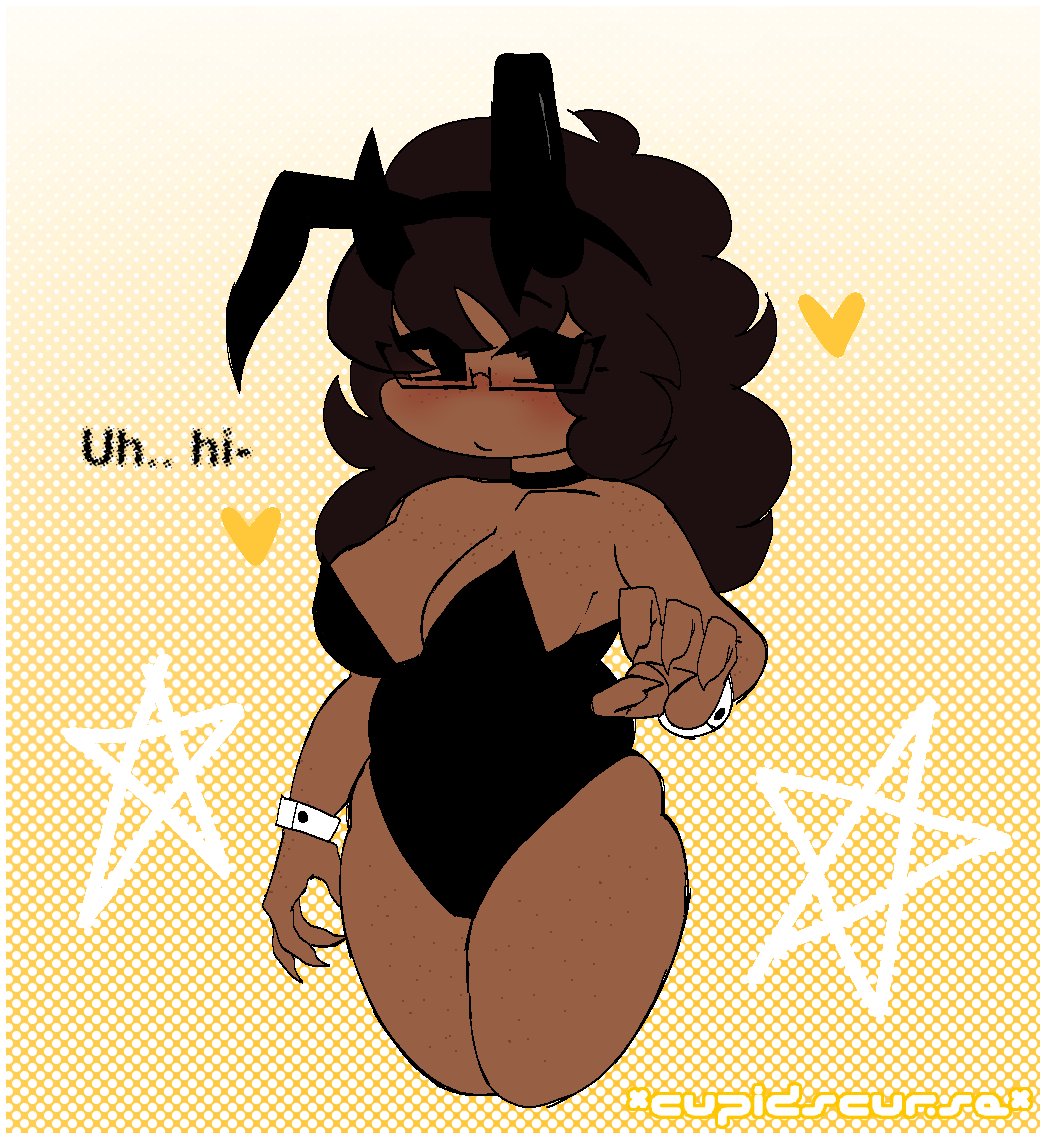 big_breasts big_thighs black_hair black_horns blush blushing_at_viewer brown_skin bunny_ears bunnysuit chubby_female dark-skinned_female freckles_on_breasts freckles_on_shoulders freckles_on_thighs glasses_on_face horns shy talking_to_another talking_to_viewer unknown_artist unknown_artist_signature