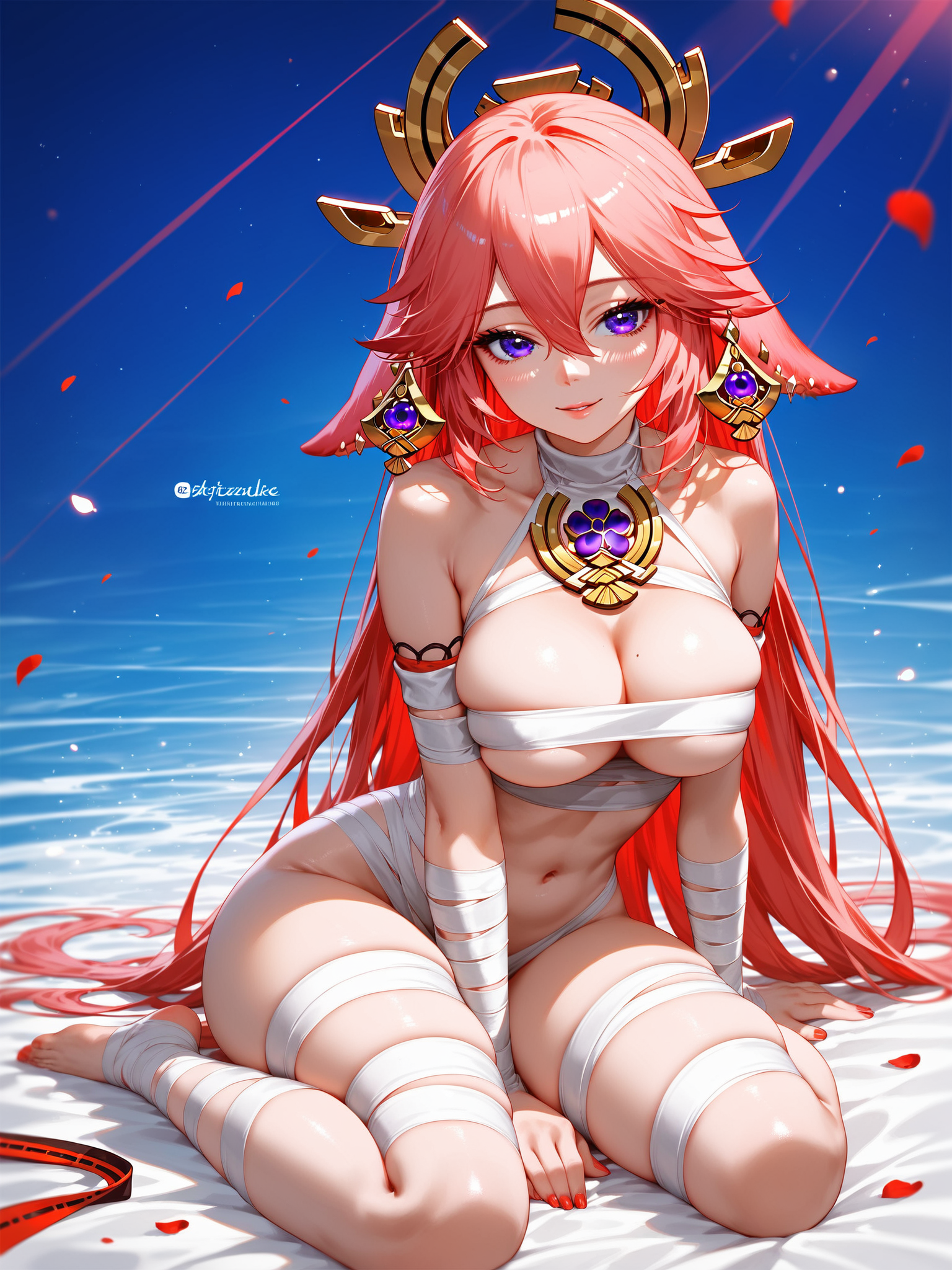 absurd res, ai generated, breasts, female, genshin impact, halloween, halloween costume, large breasts, legs, ministro, mummy costume, nipples, yae miko