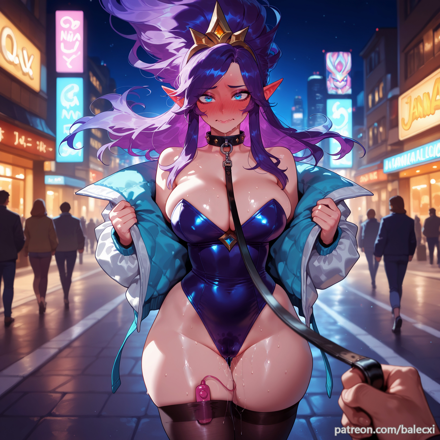 ai generated, balecxi, bare shoulders, blue eyes, blue leotard, breasts, cameltoe, city, cleavage, closed mouth, collar, cowboy shot, elf, exhibitionism, female, floating hair, highleg, highleg leotard, holding, holding leash, janna windforce, large breasts, league of legends, leash, long hair, looking at viewer, masturbation, night, nose blush, off shoulder, open clothes, open jacket, outdoors, people, pointy ears, pov, pov hands, public indecency, purple hair, pussy, pussy juice, riot games, sex toy, skindentation, solo focus, strapless, strapless leotard, thigh gap, thighhighs, thighs, two-tone jacket, vibrator under clothes, viewer holding leash, white jacket, wide hips