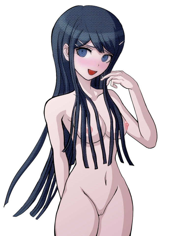 arm_behind_back bare_arms bare_legs bare_shoulders bare_stomach bellybutton blue_eyes blue_hair blush collarbone commentary_request danganronpa danganronpa:_trigger_happy_havoc danganronpa_(series) eroeiyuu eyebrows eyelashes female female_focus fully_nude hand_up long_hair maizono_sayaka matching_hair/eyes medium_breasts navel nipples nude nude_filter official_art open_mouth pussy simple_background sole_female solo solo_focus thighs third-party_edit tongue transparent_background