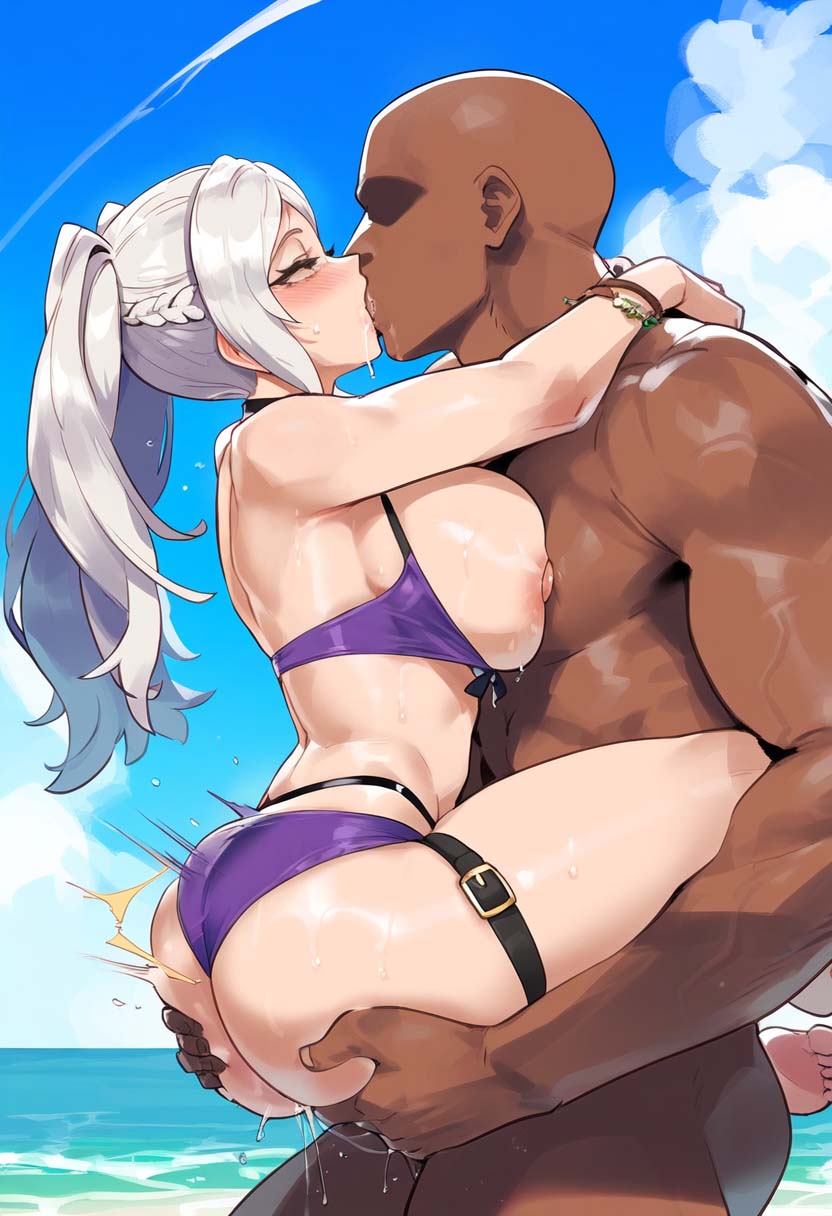 1boy 1girls ai_generated bbc_slave big_ass big_breasts cheating dark-skinned_male dark_skin fire_emblem fire_emblem_awakening grabbing_ass light-skinned_female light_skin ntr robin_(fire_emblem)_(female) slu swimsuit upstanding upstanding_citizen_position white_hair